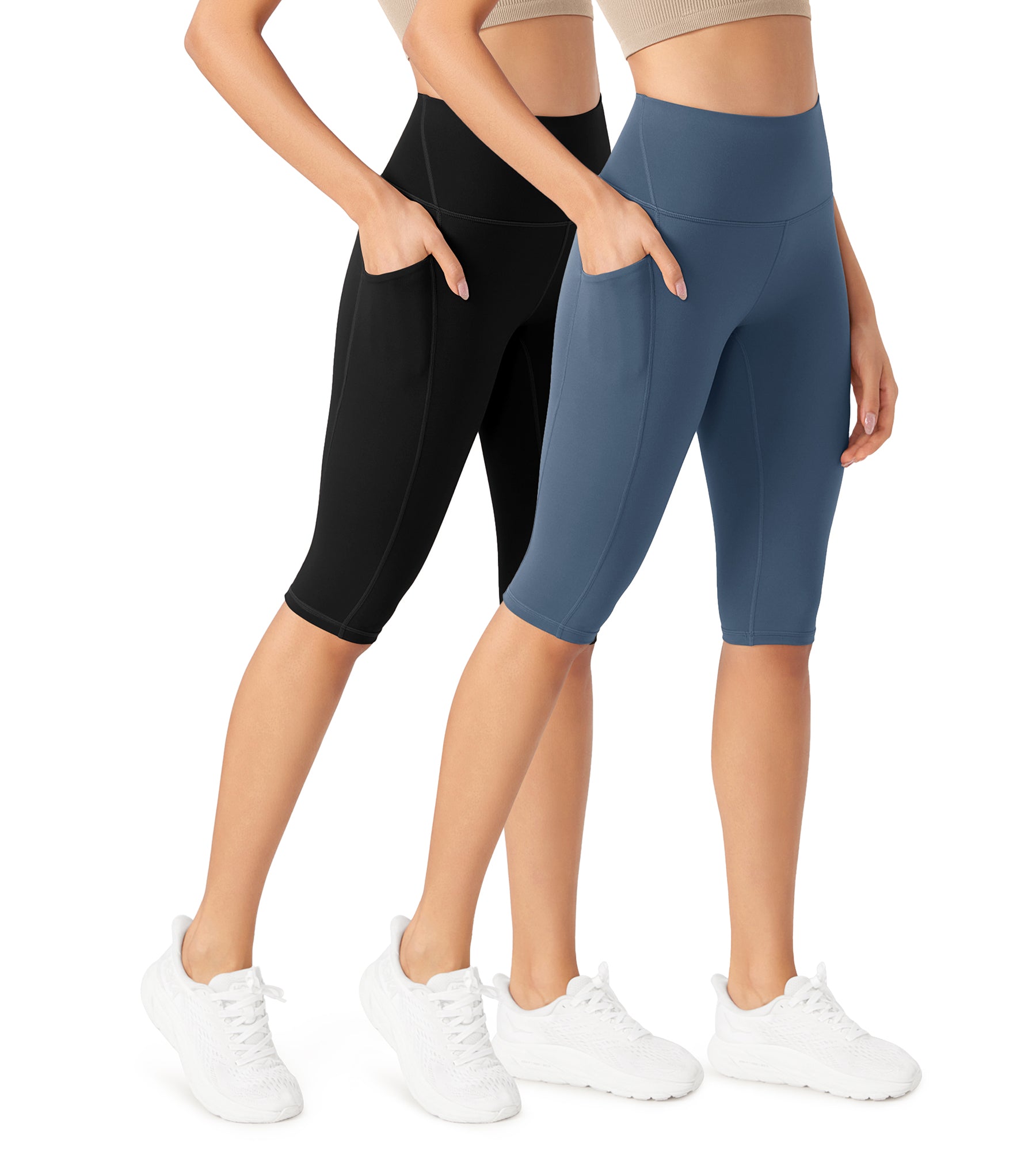 ODLEX 2-Pack 14" High Waist Workout Capris with Pockets Black+Ink Blue - ododos