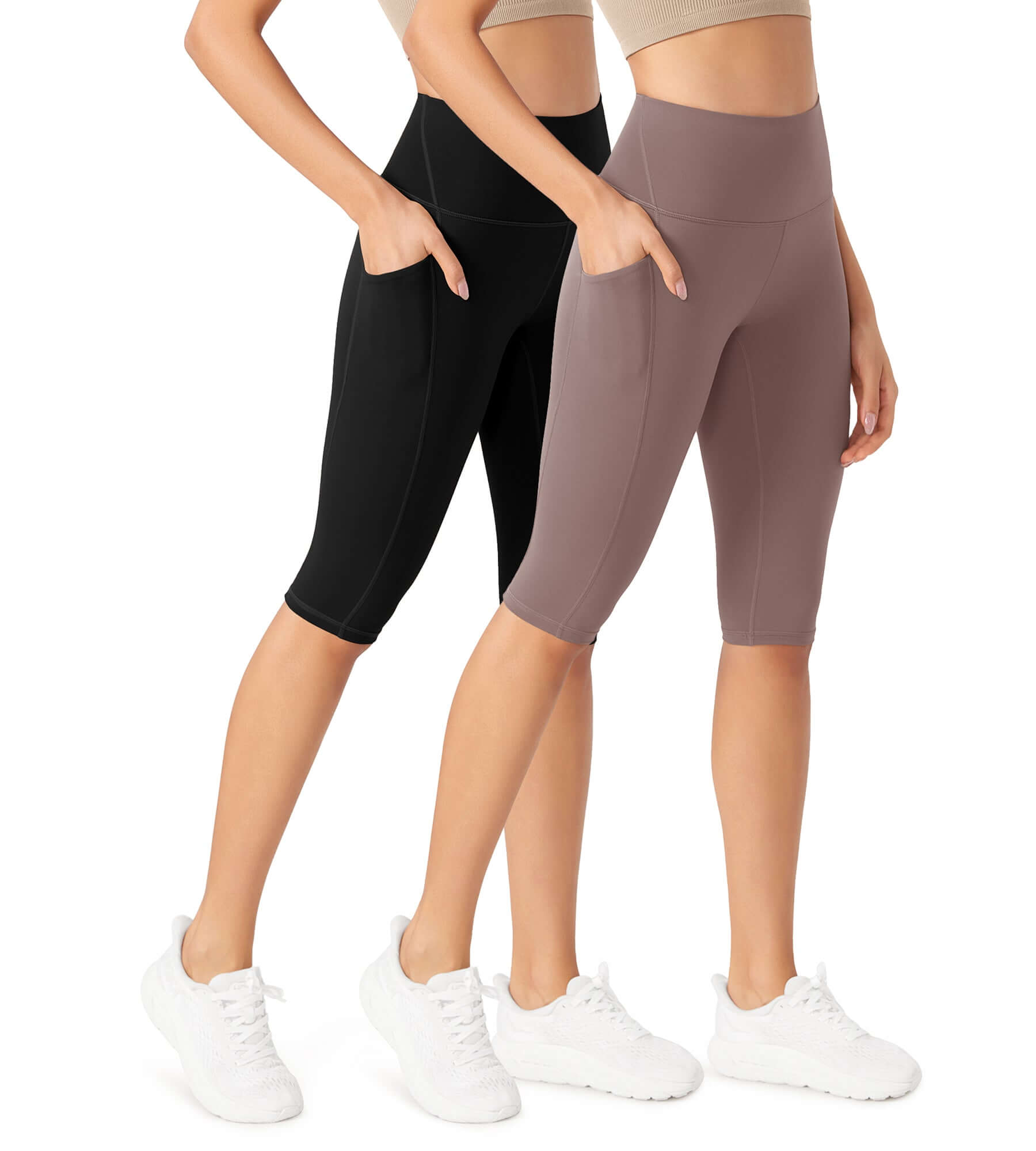 ODLEX 2-Pack 14 High Waist Workout Capris with Pockets Black+Purple Taupe - ododos