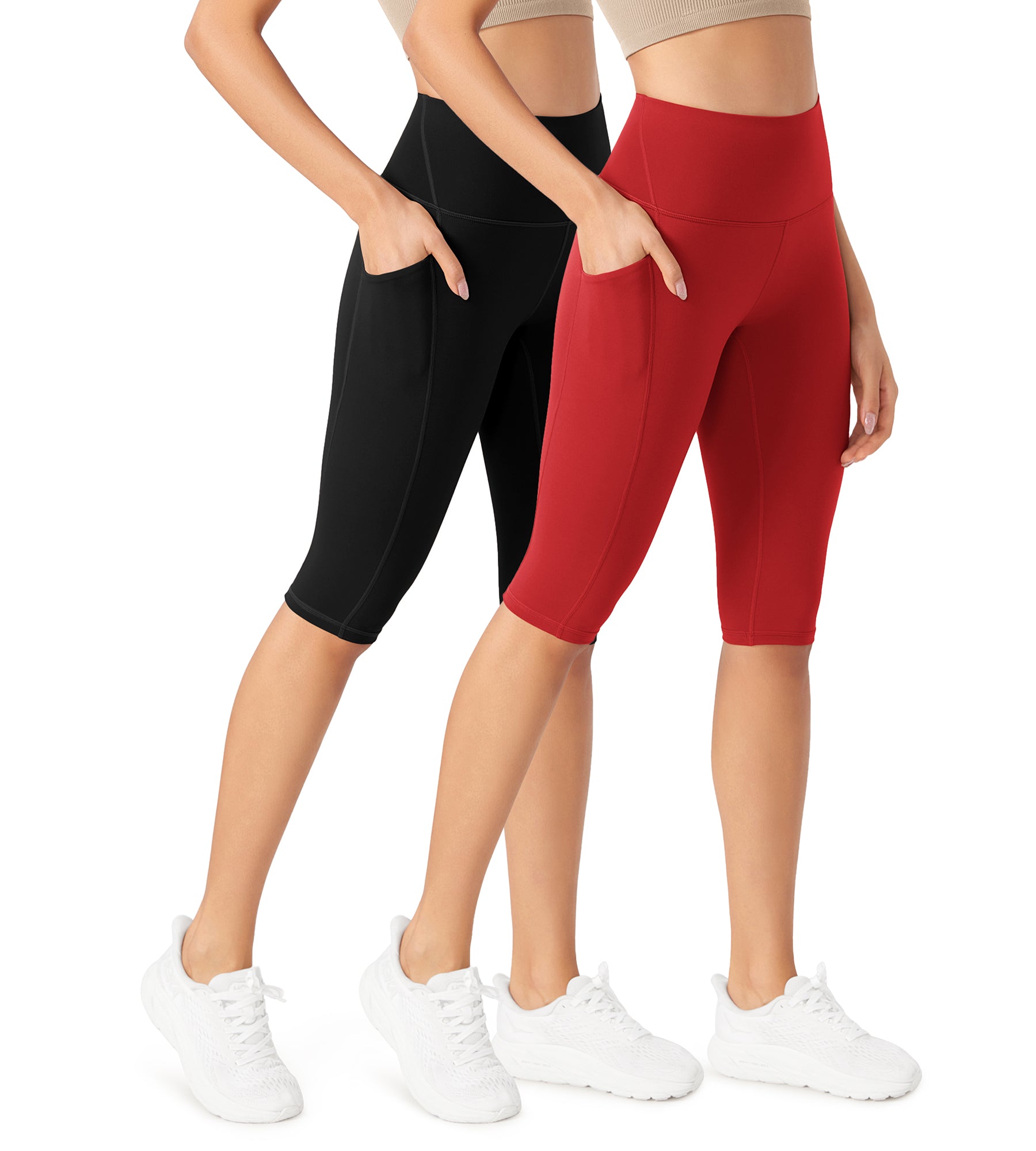 ODLEX 2-Pack 14" High Waist Workout Capris with Pockets Black+Red - ododos