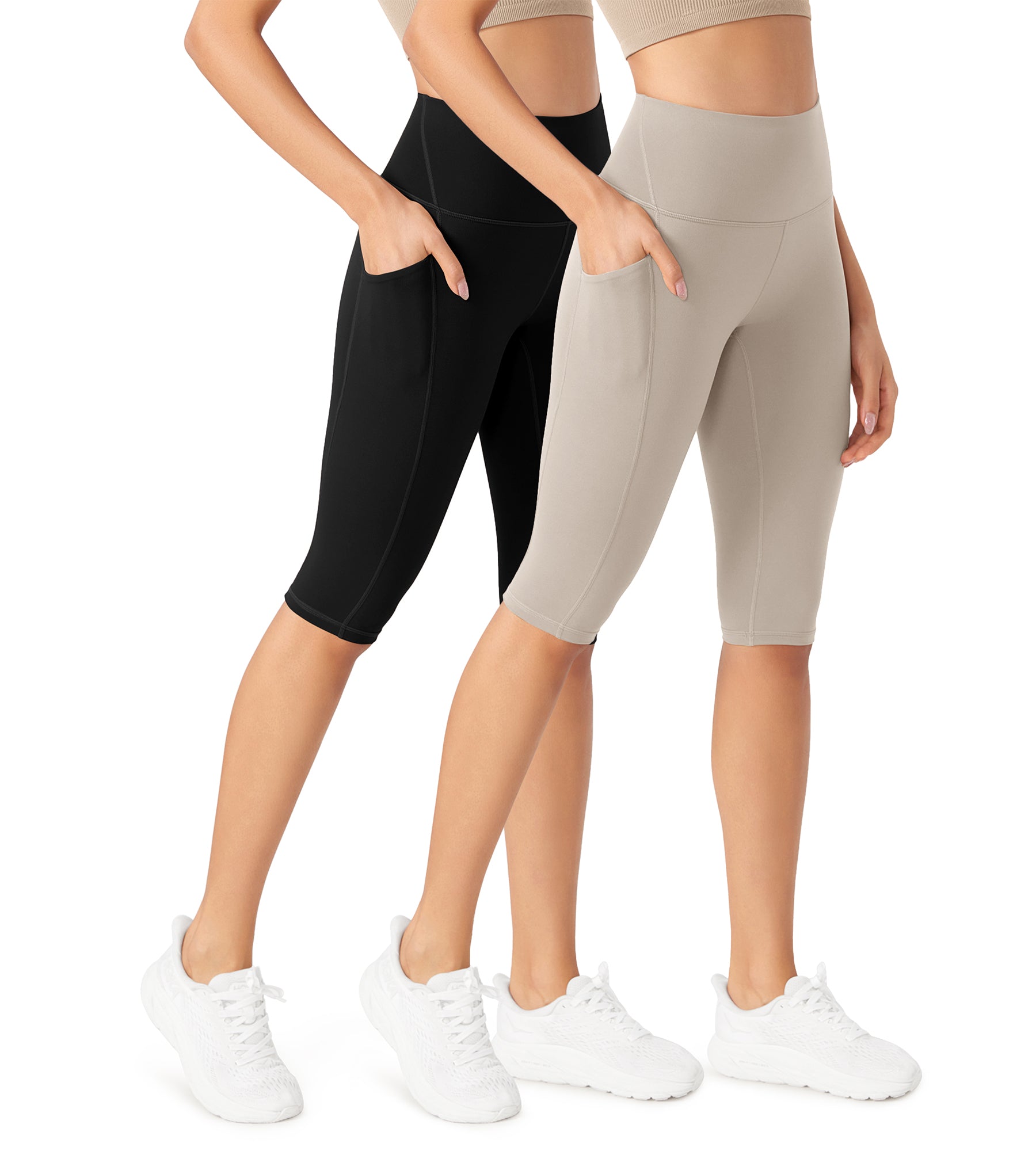 ODLEX 2-Pack 14" High Waist Workout Capris with Pockets Black+Taupe - ododos