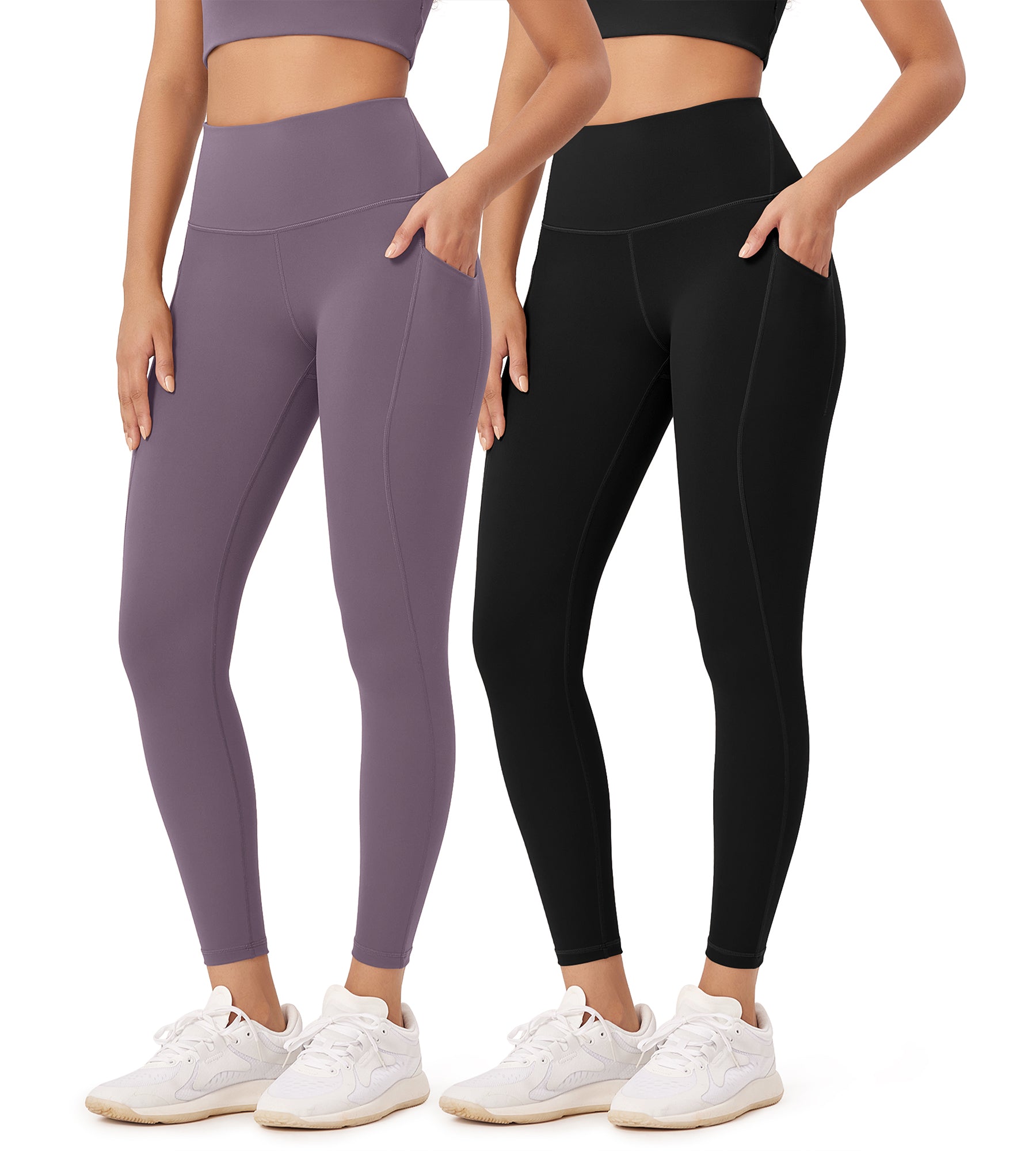 2-Pack 25” High Waist Workout Leggings with Pockets Black+Ash Violet - ododos