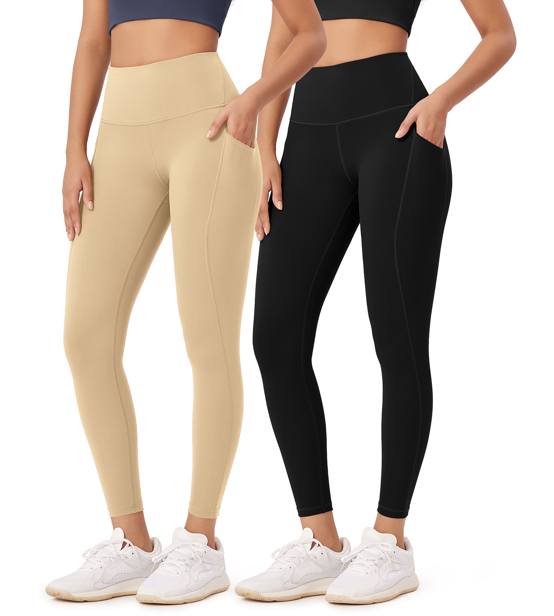 2-Pack 25” High Waist Workout Leggings with Pockets Black+Beige - ododos