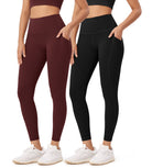 2-Pack 25” High Waist Workout Leggings with Pockets Black+Burgundy - ododos