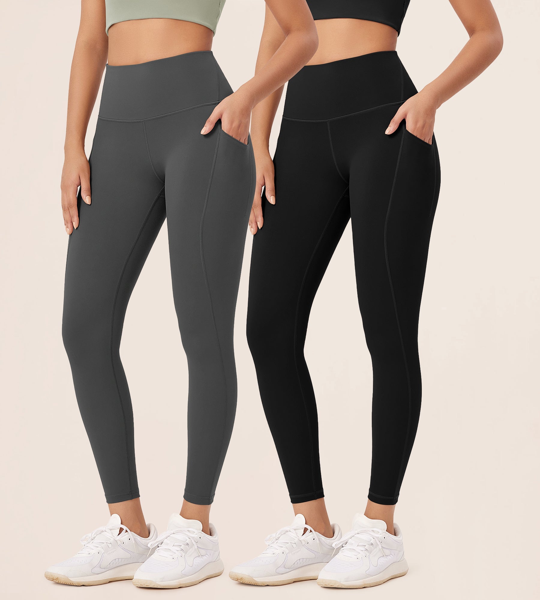 2-Pack 25â€?High Waist Workout Leggings with Pockets Black+Charcoal - ododos