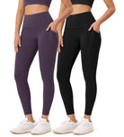 2-Pack 25” High Waist Workout Leggings with Pockets Black+Dark Purple - ododos