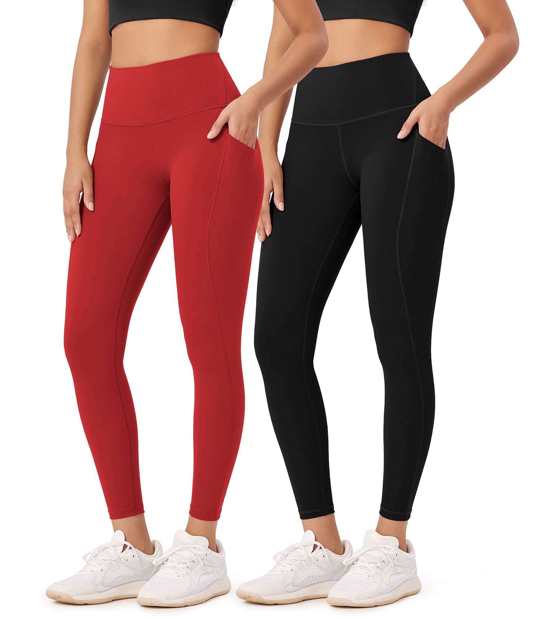 2-Pack 25” High Waist Workout Leggings with Pockets Black+Red - ododos