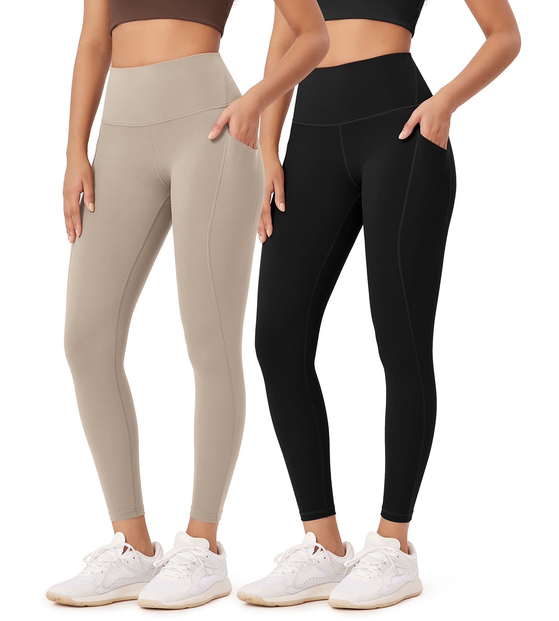 2-Pack 25â€?High Waist Workout Leggings with Pockets Black+Taupe - ododos
