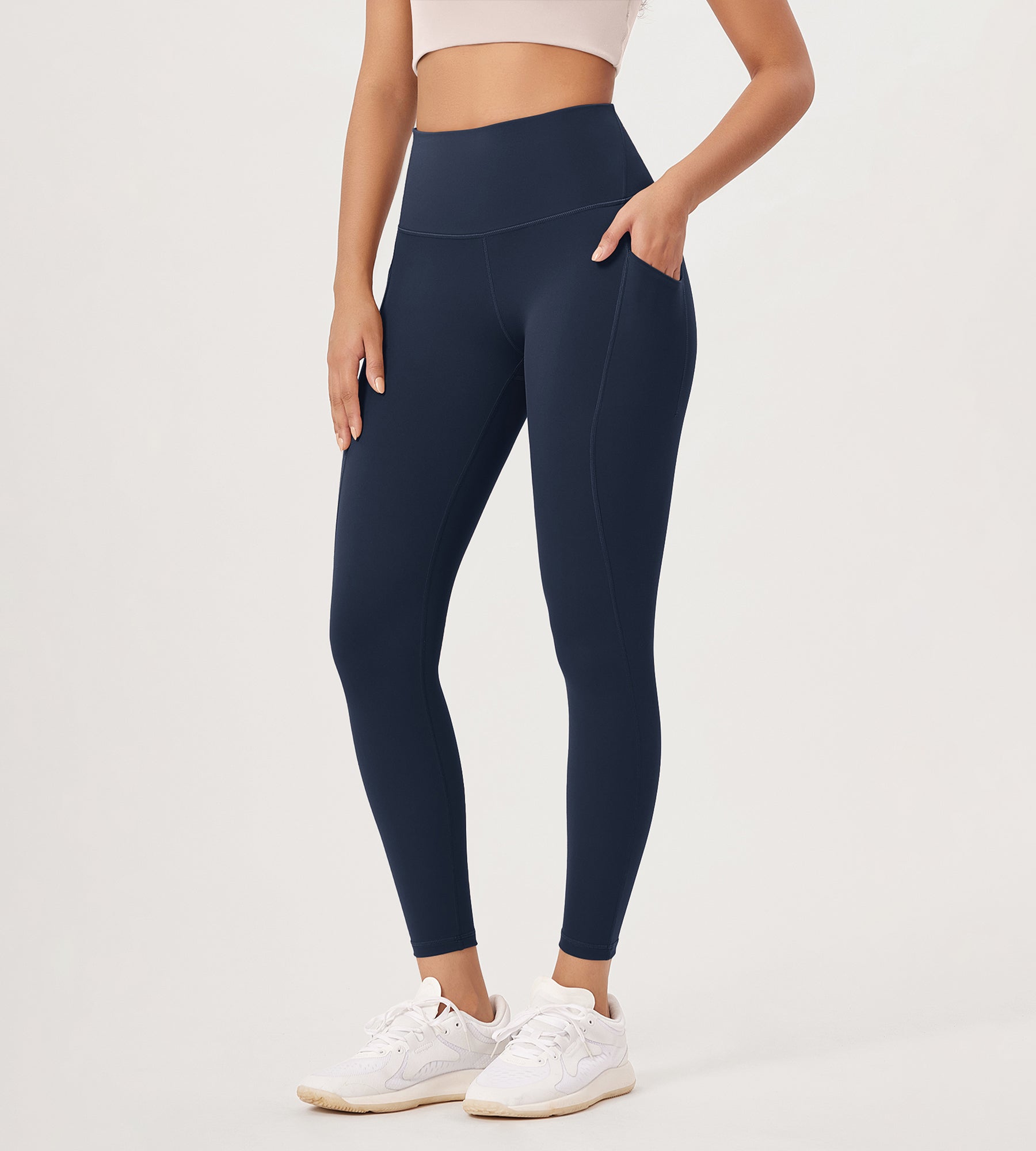 25â€?High Waist Workout Leggings with Pockets Navy - ododos