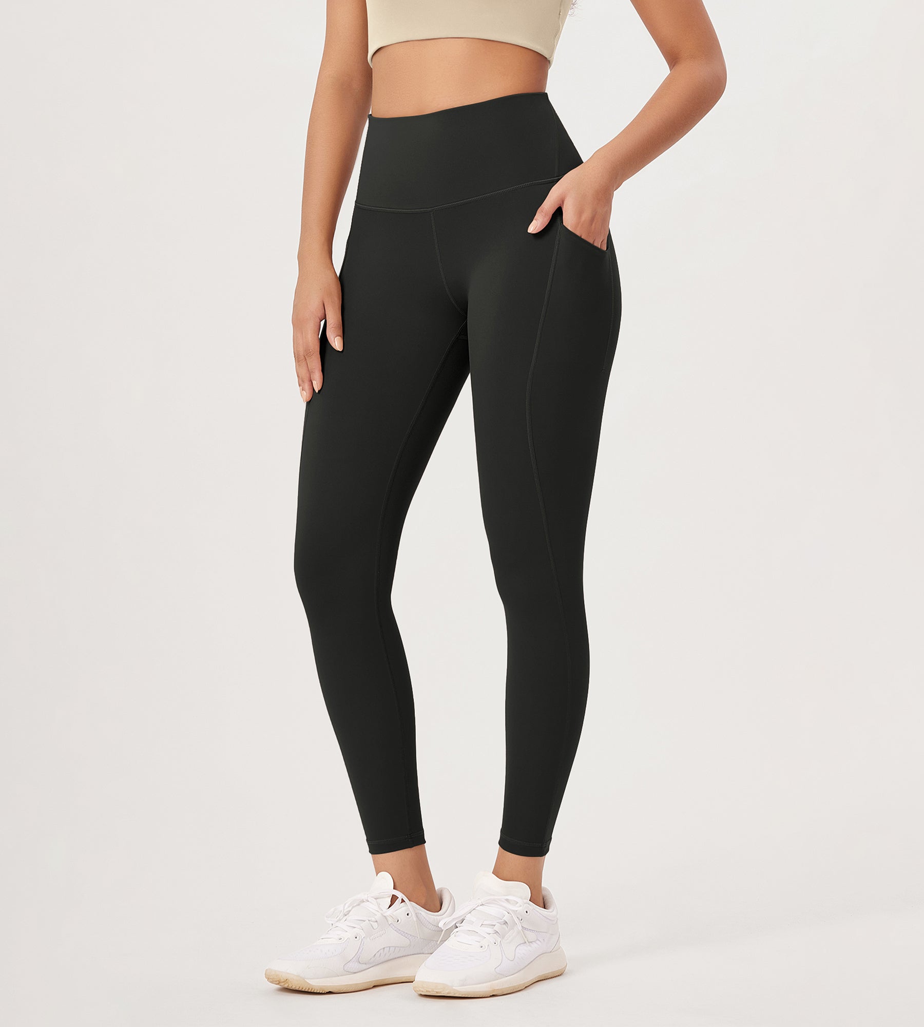 25â€?High Waist Workout Leggings with Pockets Onyx Black Grey - ododos