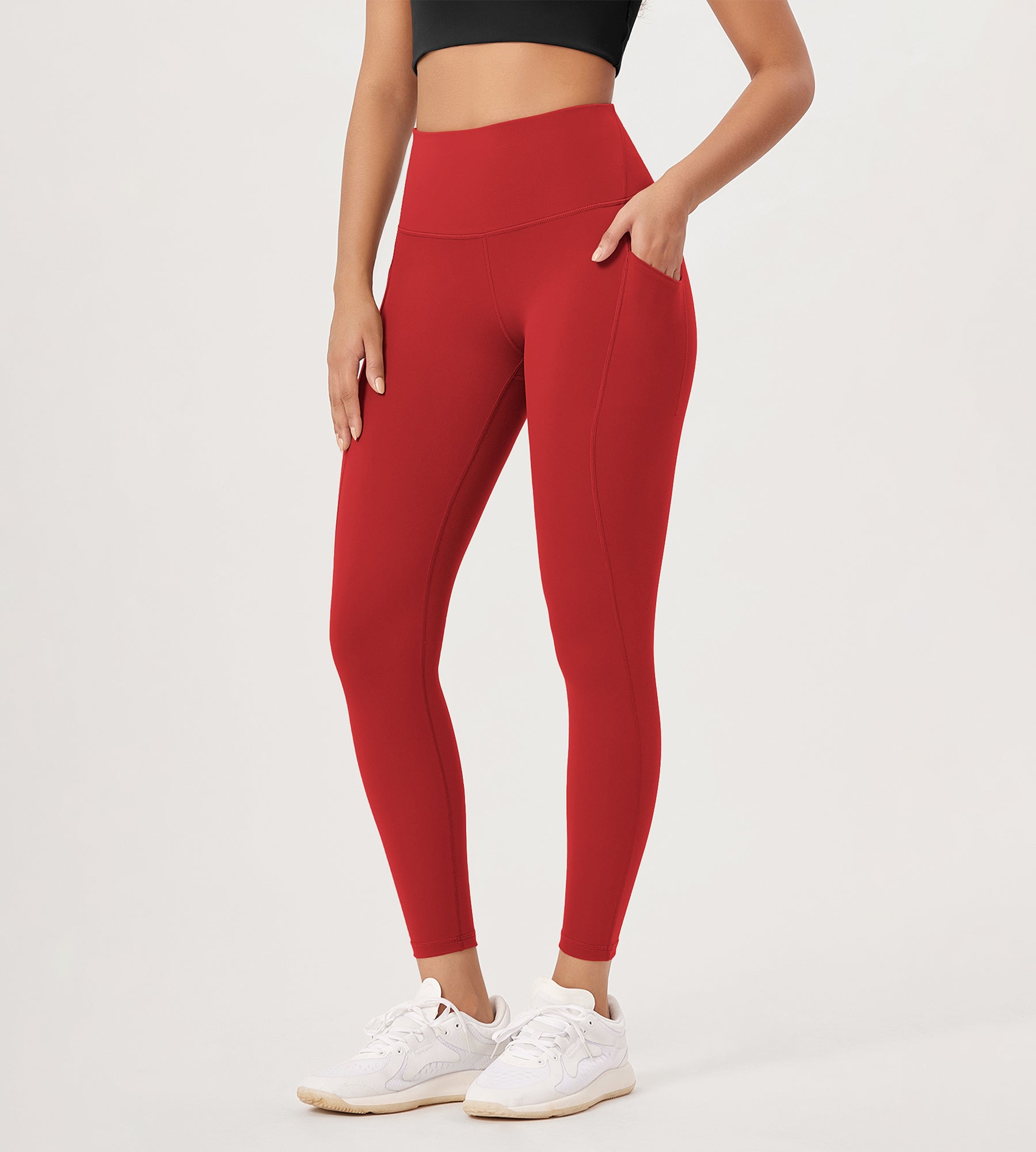 25â€?High Waist Workout Leggings with Pockets Red - ododos