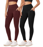 2-Pack 28" High Waist Workout Leggings with Pockets Black+Burgundy - ododos