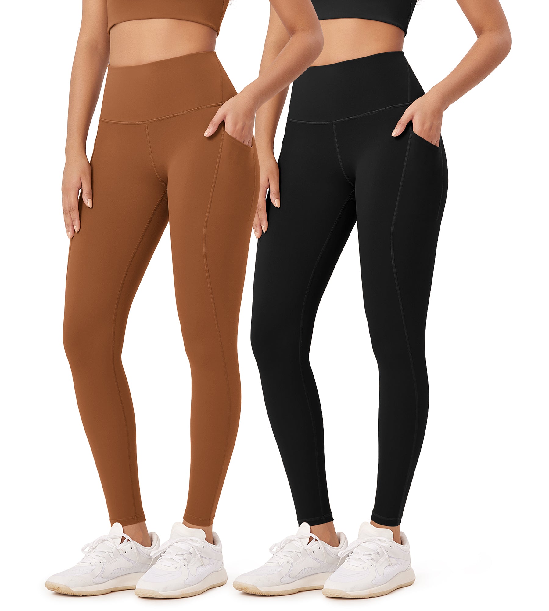 2-Pack 28" High Waist Workout Leggings with Pockets Black+Caramel - ododos