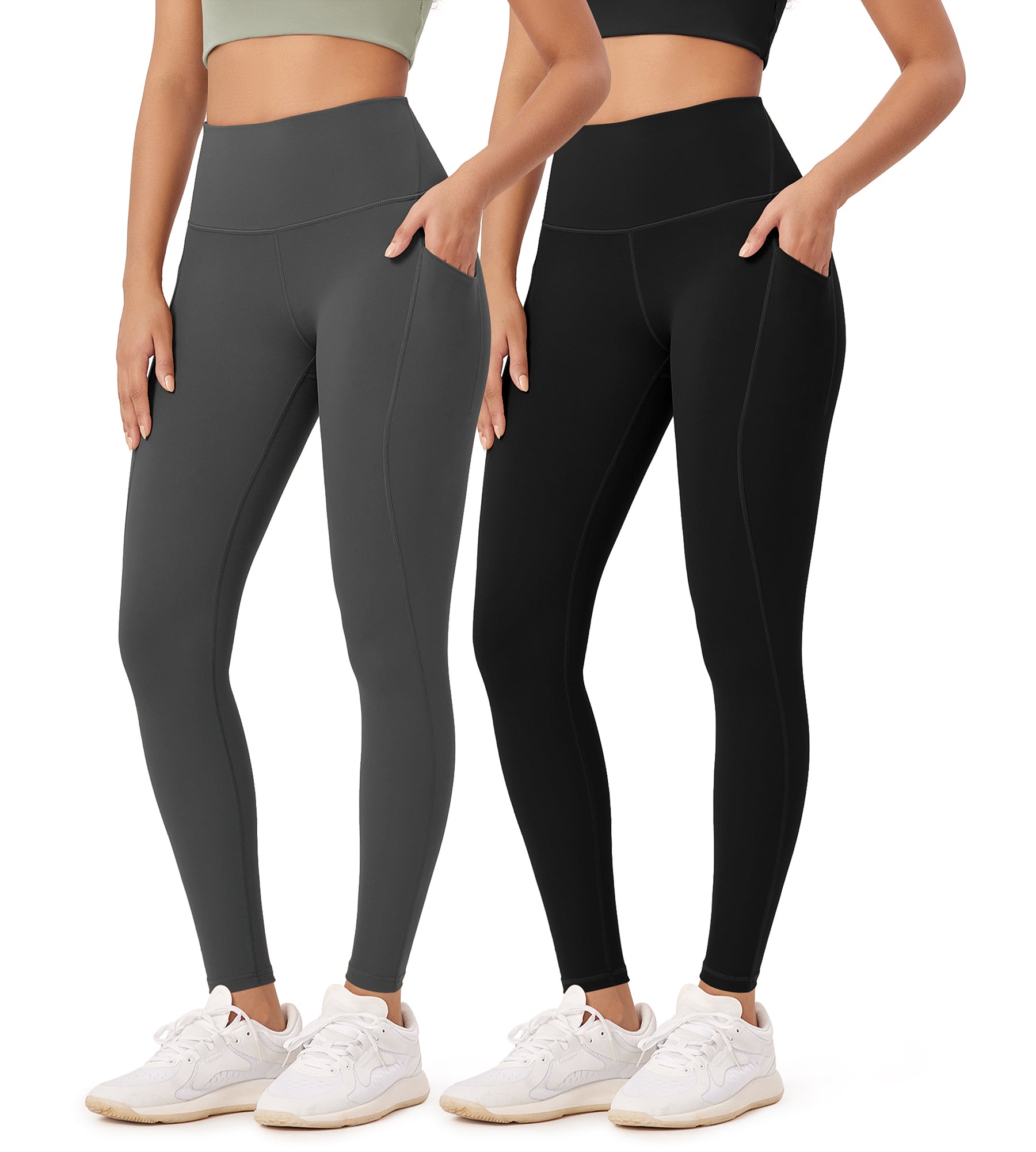 2-Pack 28" High Waist Workout Leggings with Pockets Black+Charcoal - ododos