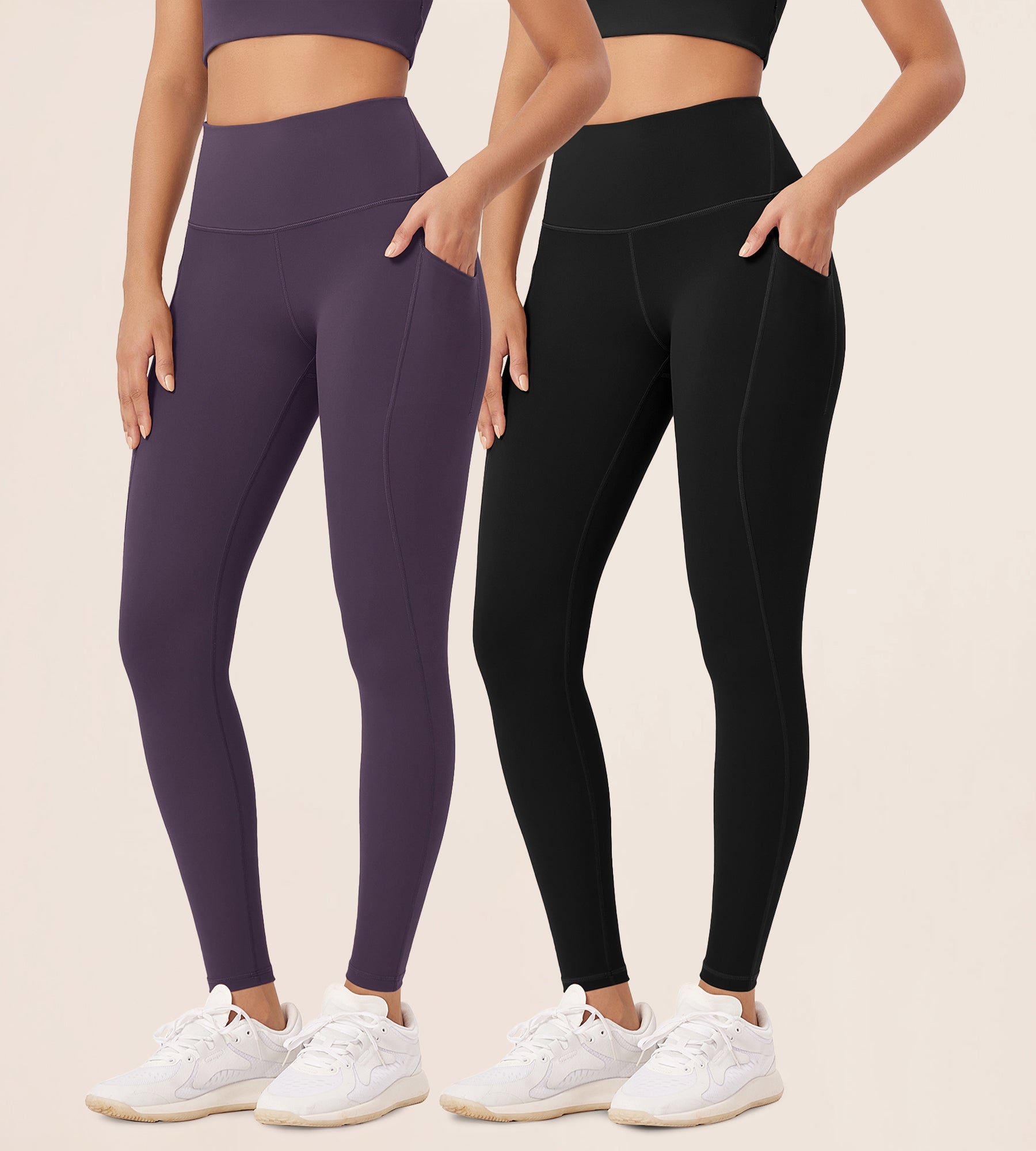 2-Pack 28 High Waist Workout Leggings with Pockets Black+Dark Purple - ododos