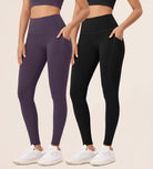 2-Pack 28" High Waist Workout Leggings with Pockets Black+Dark Purple - ododos