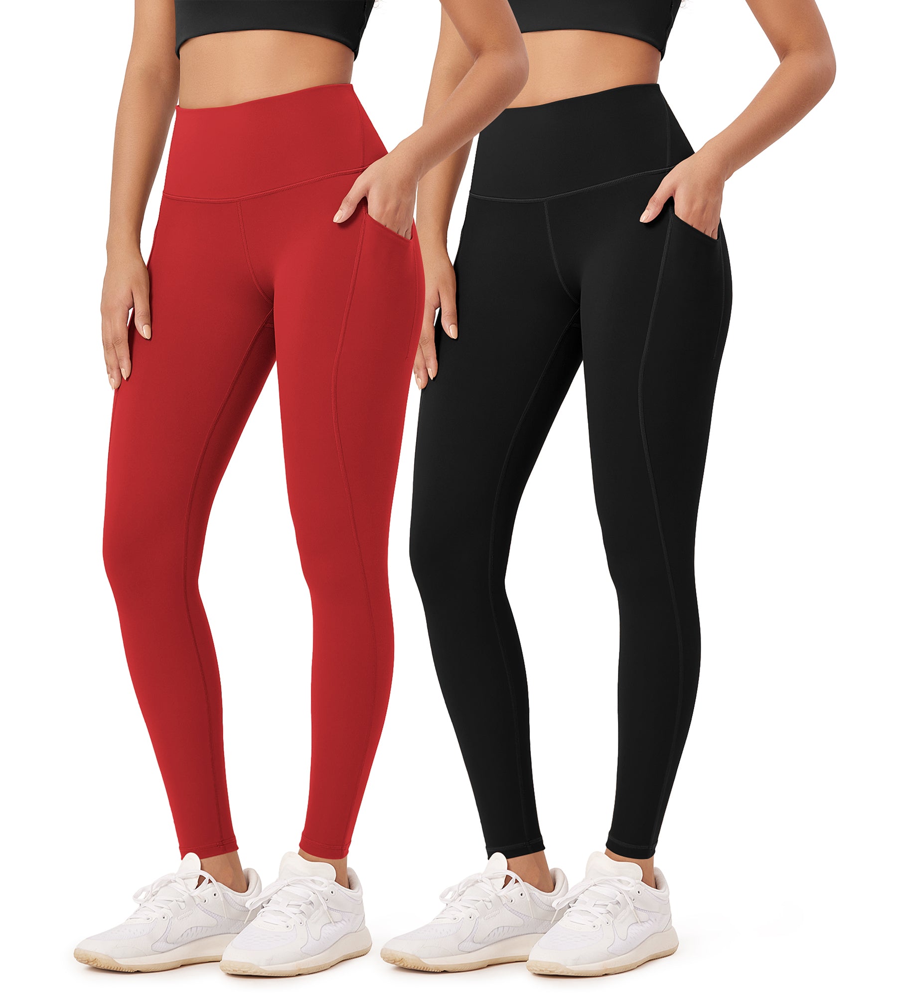 2-Pack 28" High Waist Workout Leggings with Pockets Black+Red - ododos