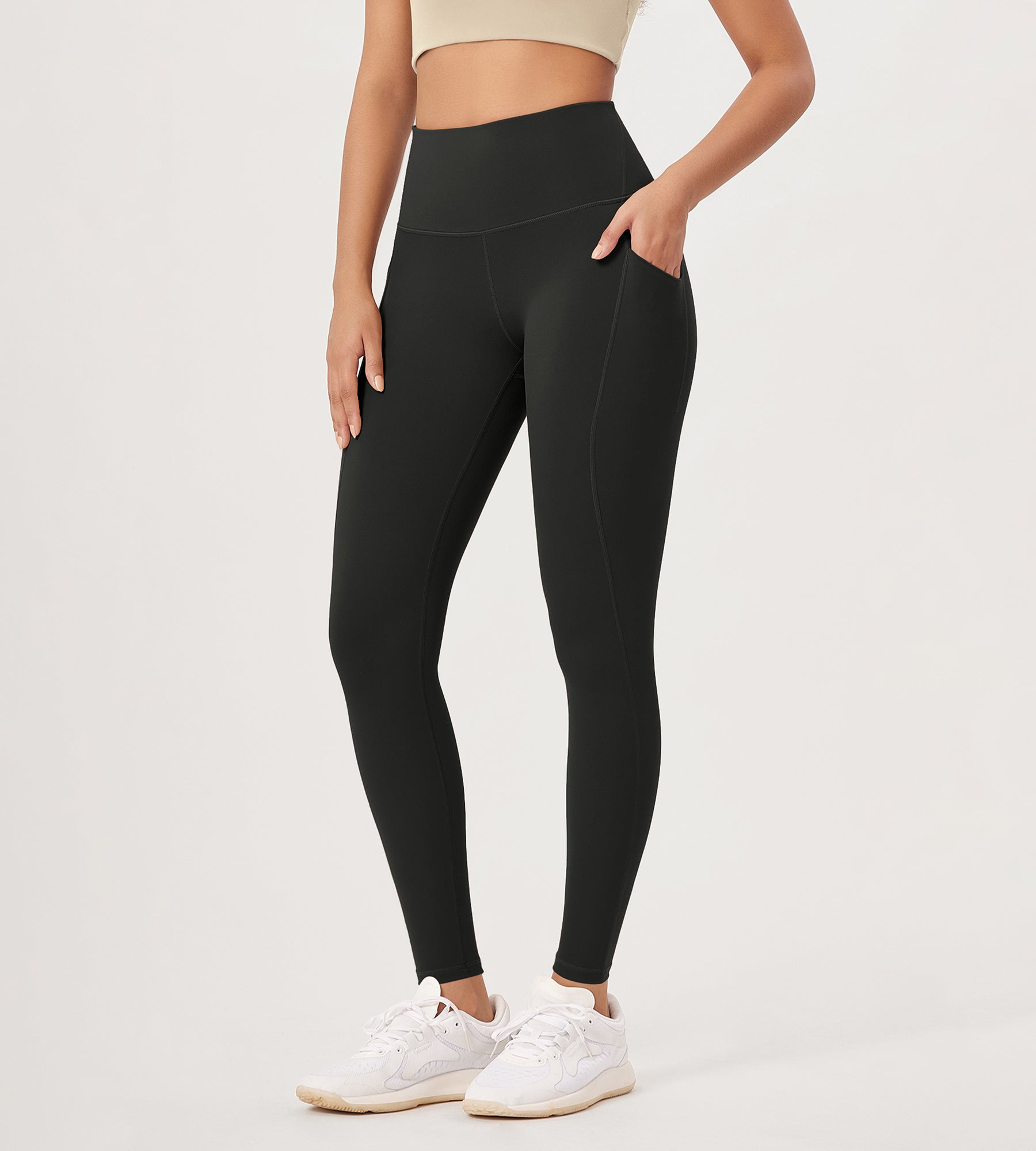 28â€?High Waist Workout Leggings with Pockets Onyx Black Grey - ododos