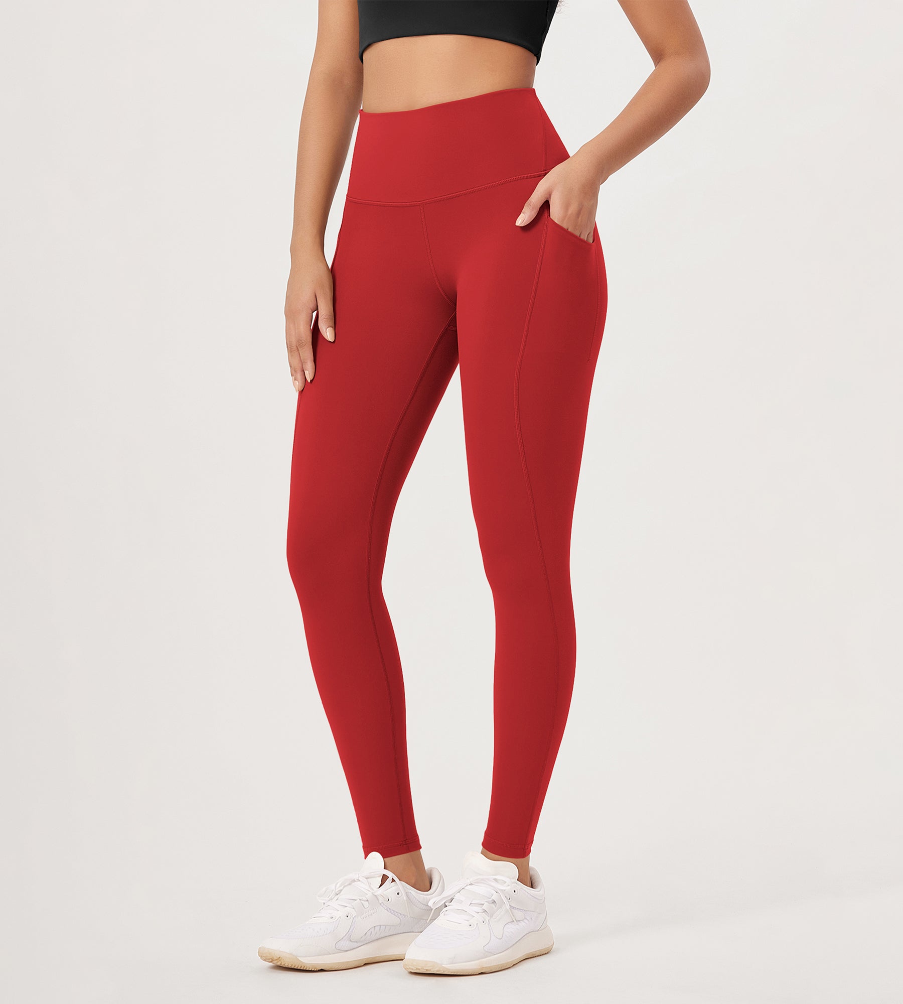 28â€?High Waist Workout Leggings with Pockets Red - ododos