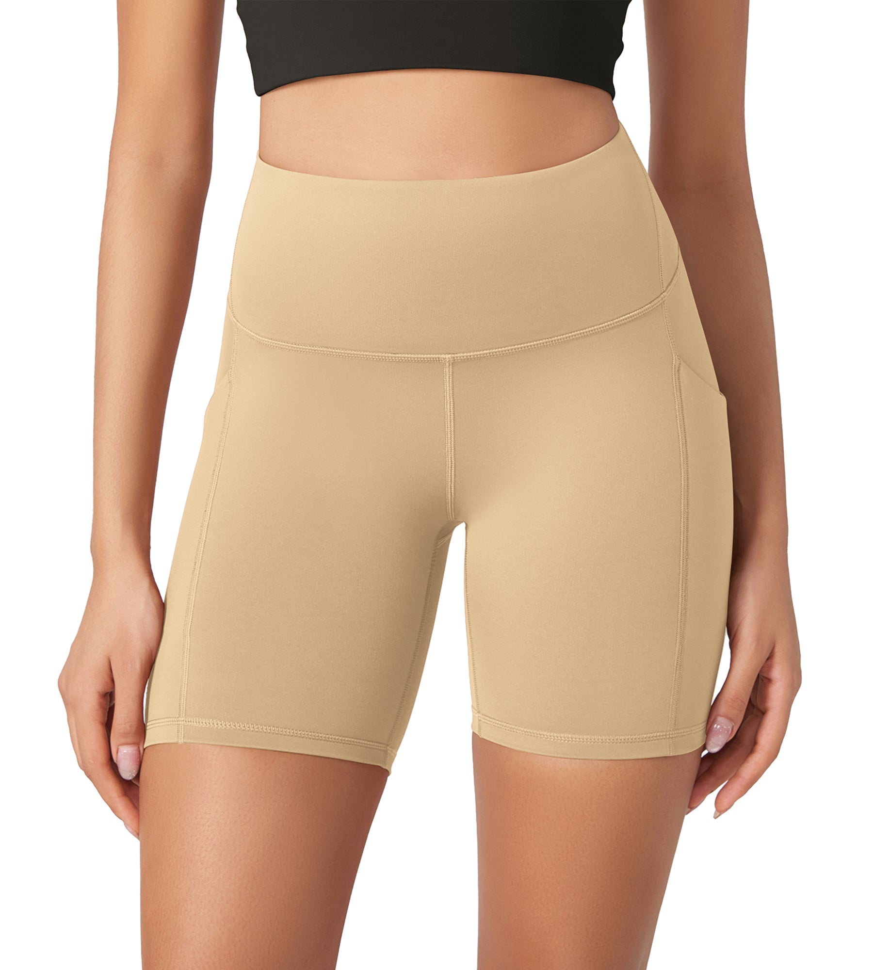 ODLEX 6 Inseam High Waist Workout Athletic Biker Shorts with Pockets Beige - ododos