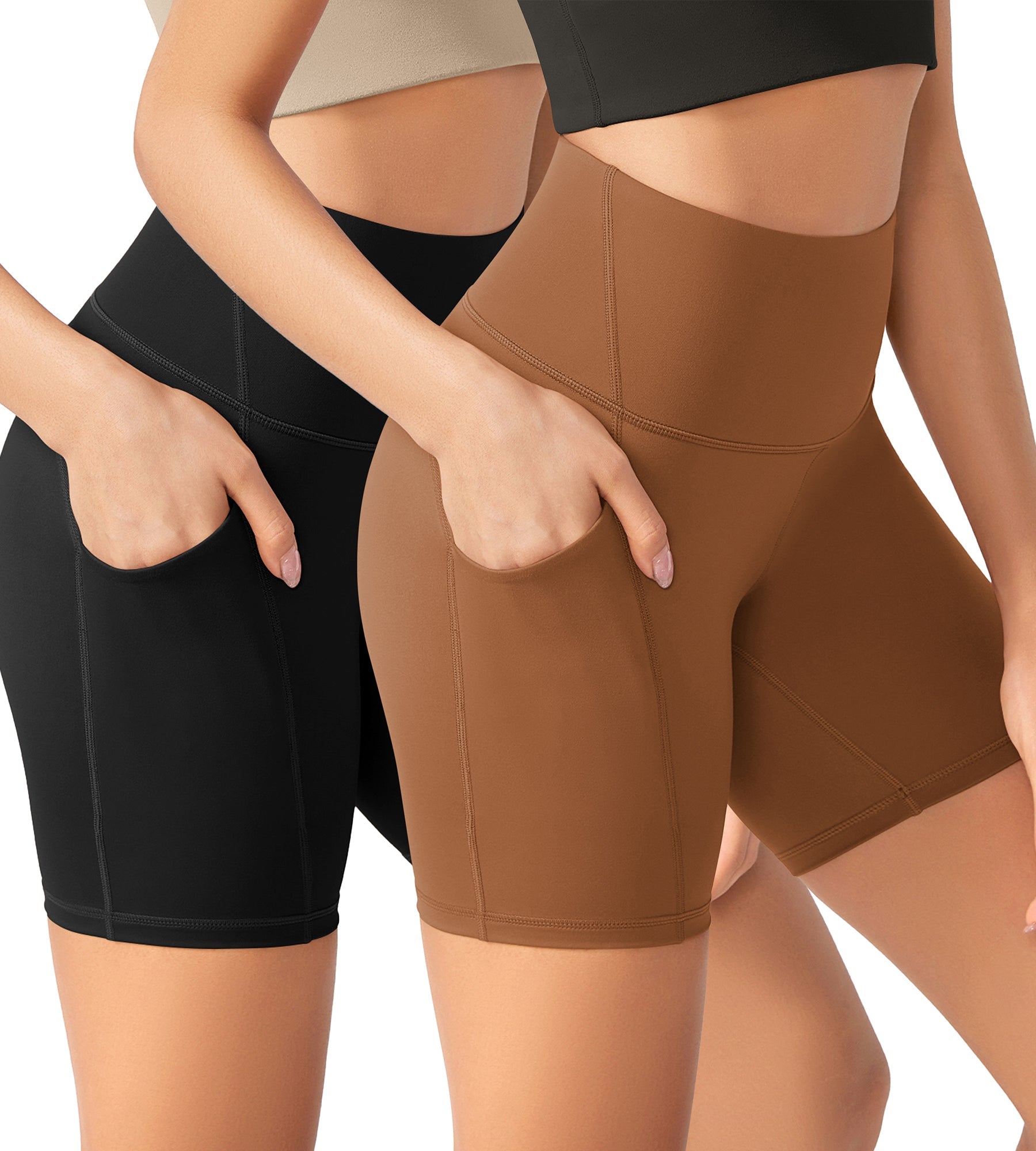 ODLEX 2-Pack 6 Inseam High Waist Workout Athletic Biker Shorts with Pockets Black+Caramel - ododos