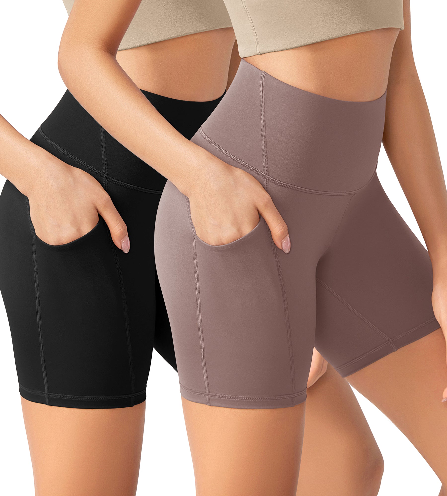 ODLEX 2-Pack 6" Inseam High Waist Workout Athletic Biker Shorts with Pockets Black+Purple Taupe - ododos