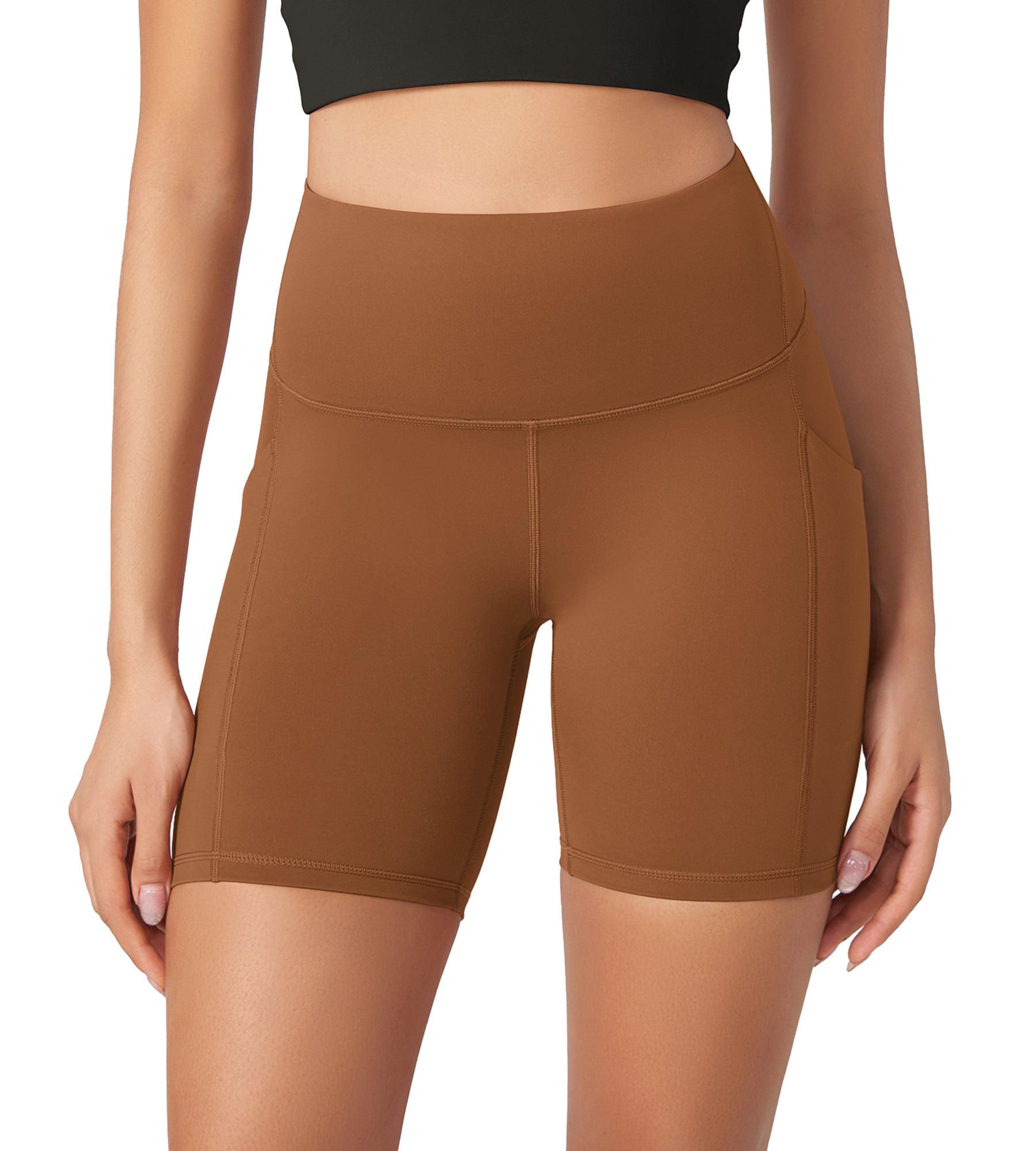 ODLEX 6 Inseam High Waist Workout Athletic Biker Shorts with Pockets Caramel - ododos