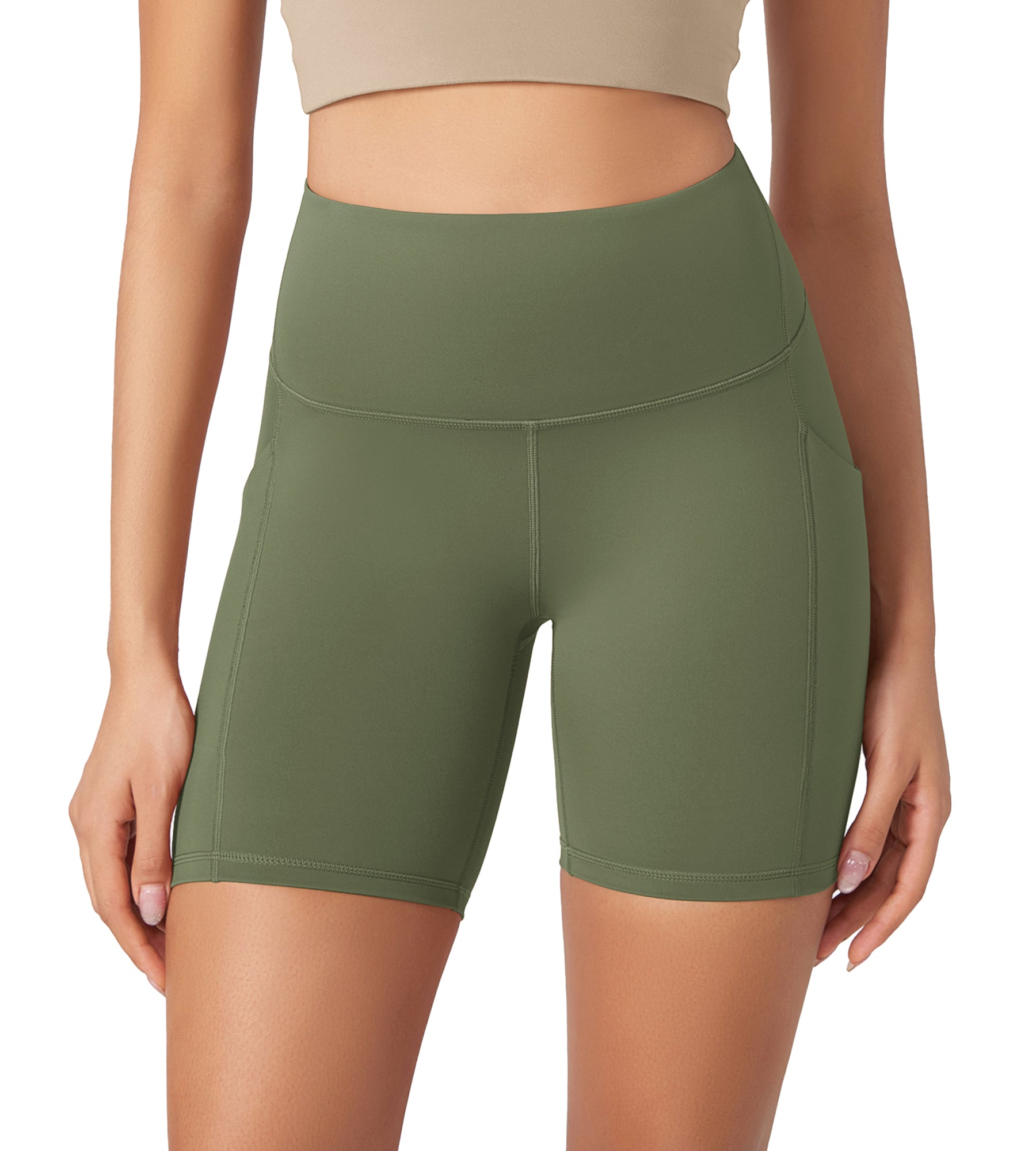 ODLEX 6 Inseam High Waist Workout Athletic Biker Shorts with Pockets Dark Olive - ododos