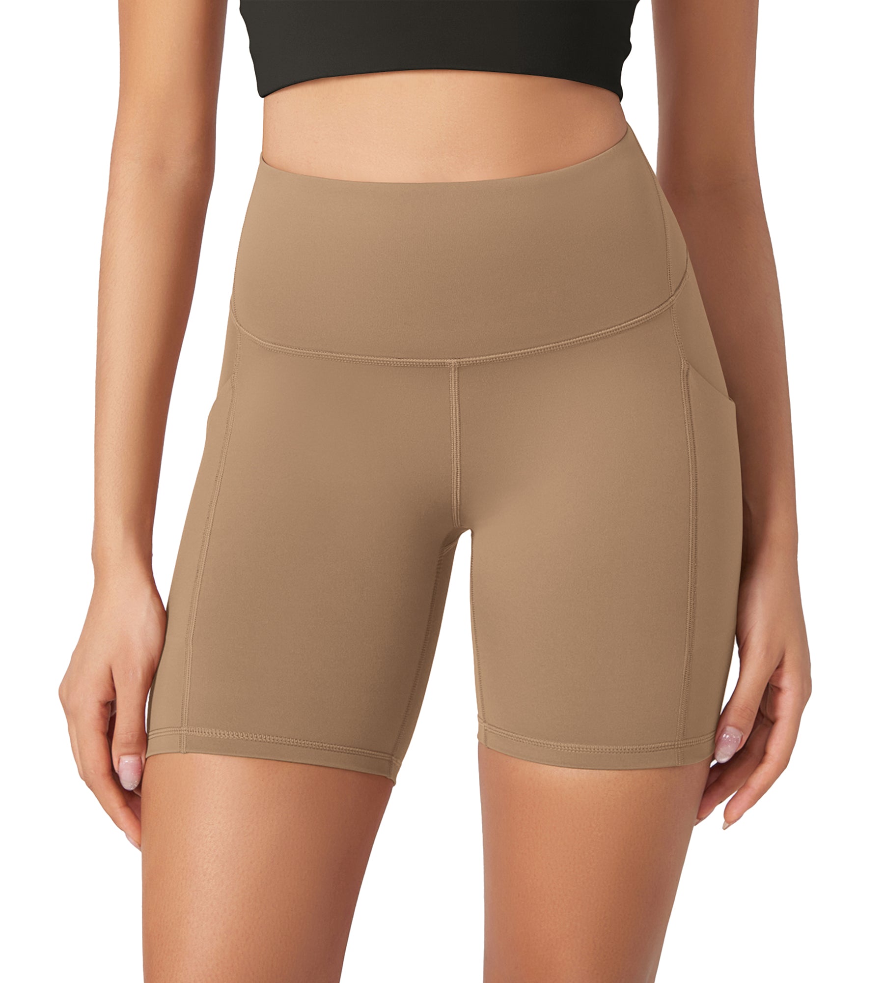 ODLEX 6 Inseam High Waist Workout Athletic Biker Shorts with Pockets Light Brown - ododos