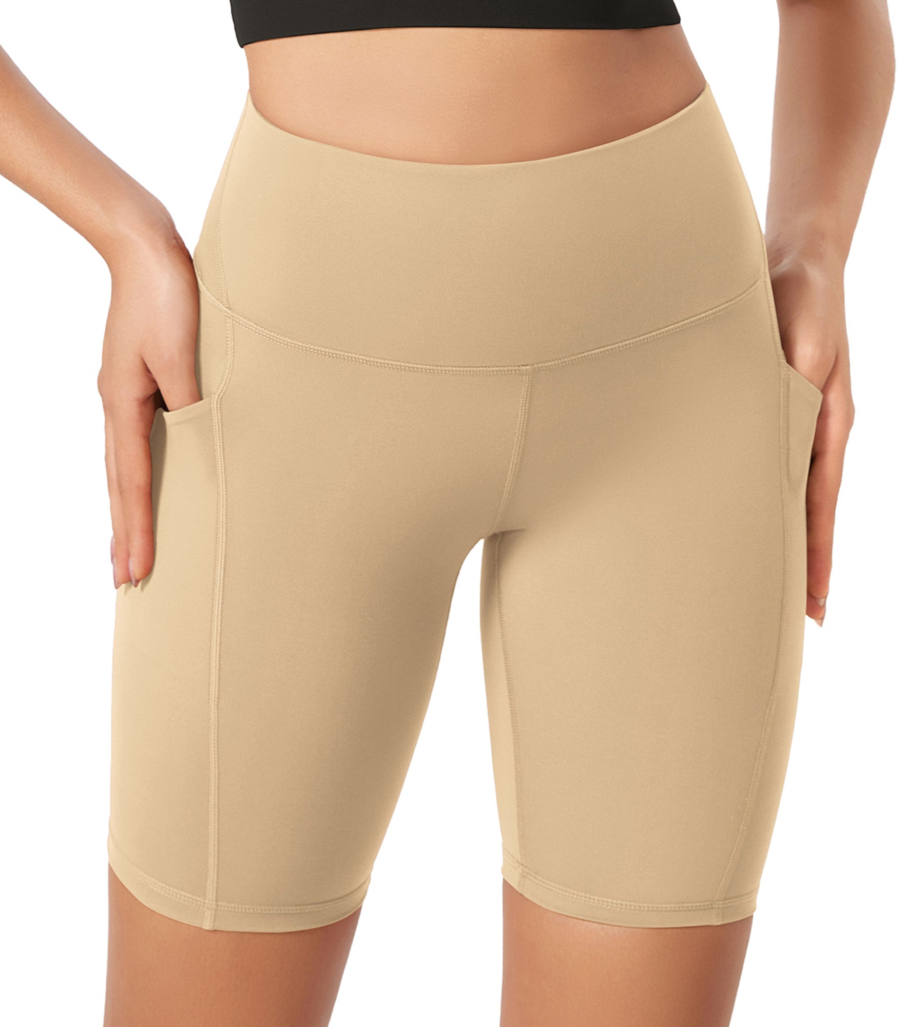 ODLEX 8 Inseam High Waist Workout Athletic Biker Shorts with Pockets Beige - ododos