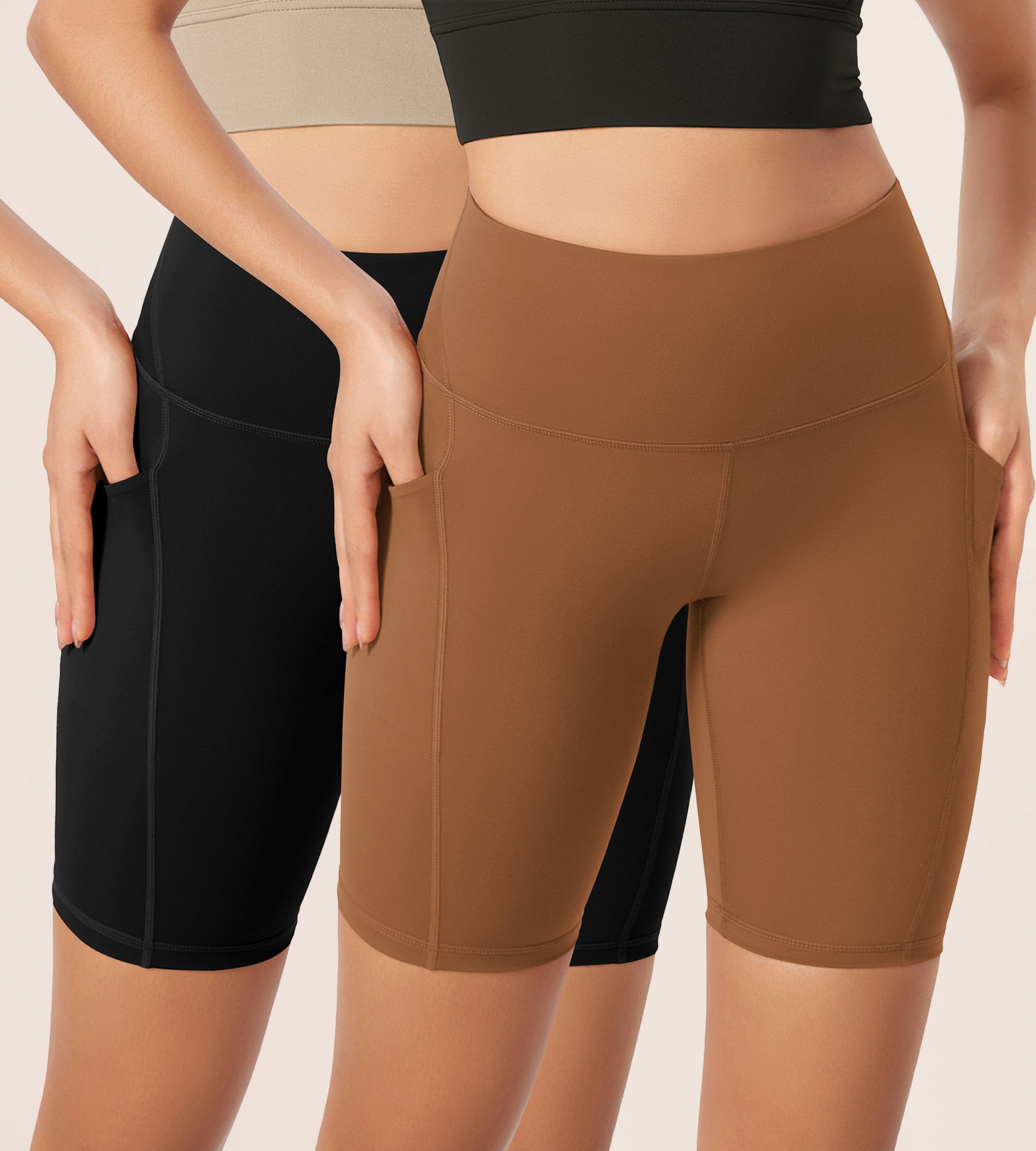 ODLEX 2-Pack 8" Inseam High Waist Workout Athletic Biker Shorts with Pockets Black+Caramel - ododos