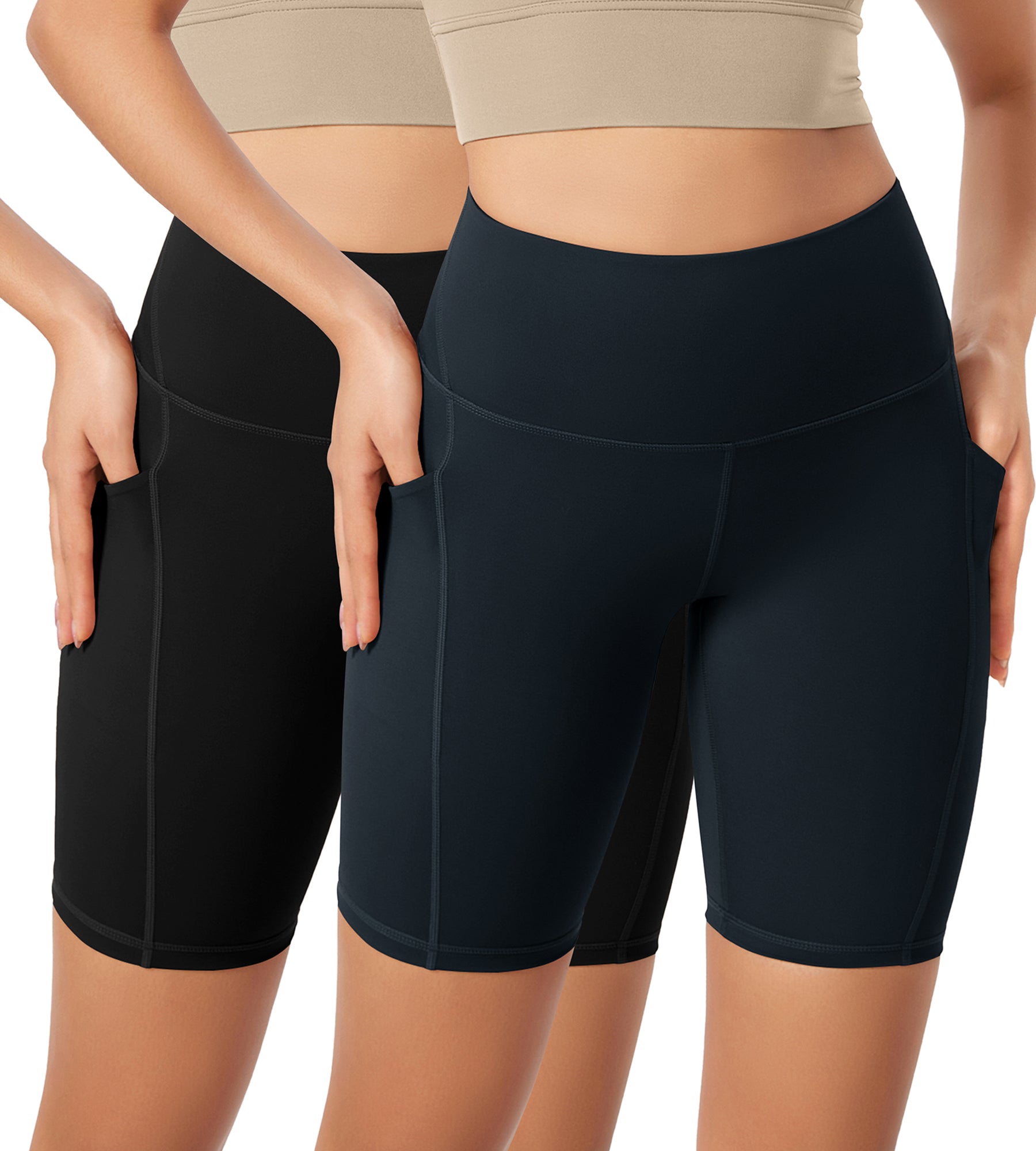 ODLEX 2-Pack 8" Inseam High Waist Workout Athletic Biker Shorts with Pockets Black+Deep Navy - ododos