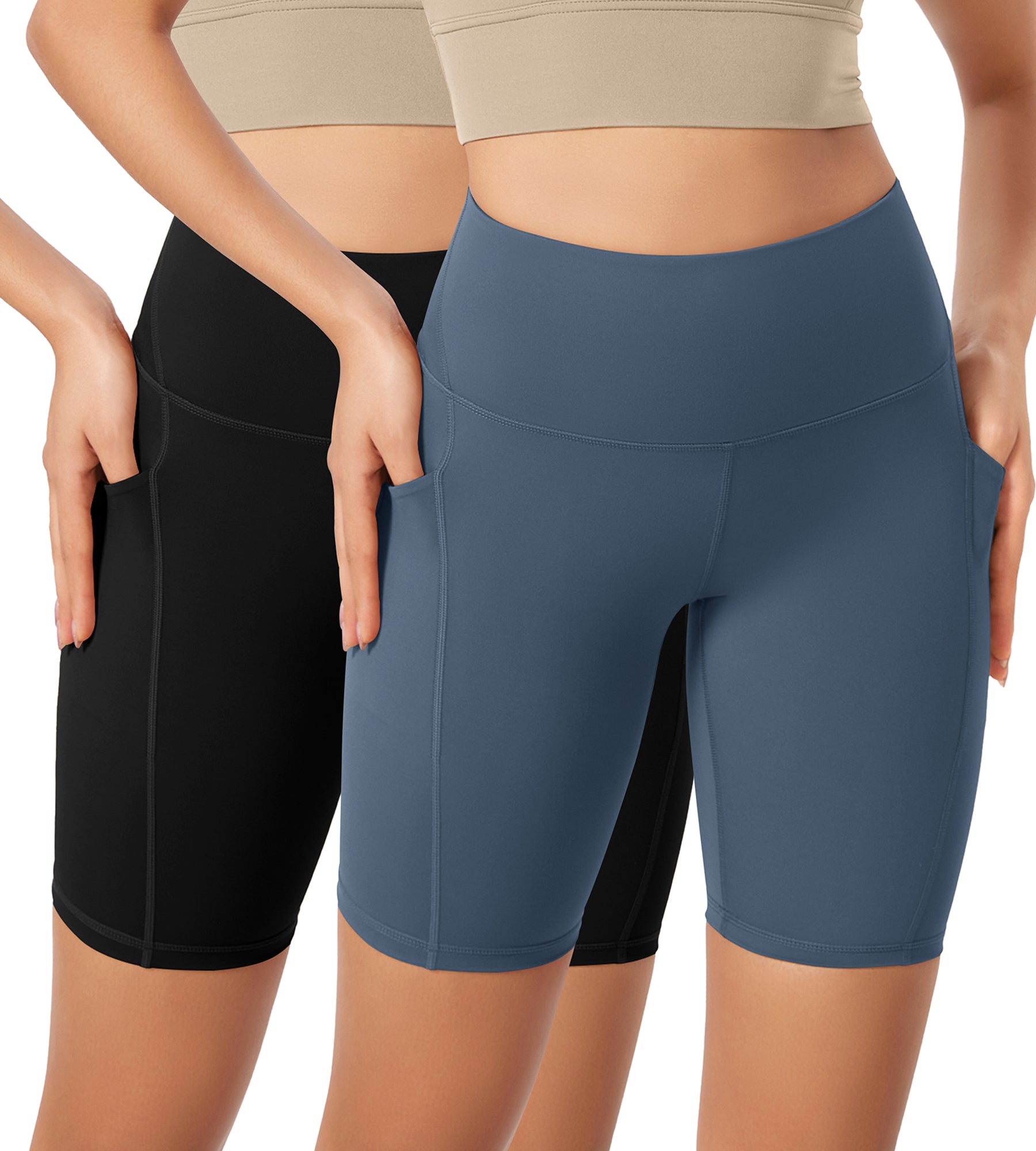 ODLEX 2-Pack 8" Inseam High Waist Workout Athletic Biker Shorts with Pockets Black+Ink Blue - ododos