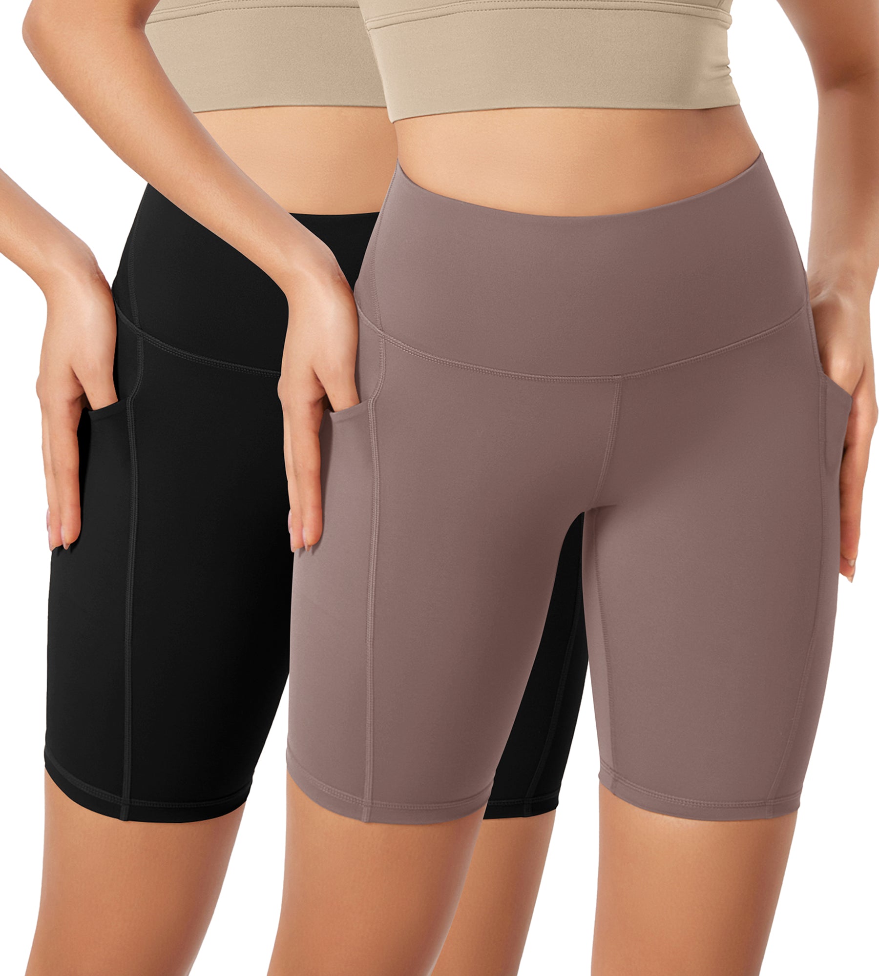 ODLEX 2-Pack 8" Inseam High Waist Workout Athletic Biker Shorts with Pockets Black+Purple Taupe - ododos