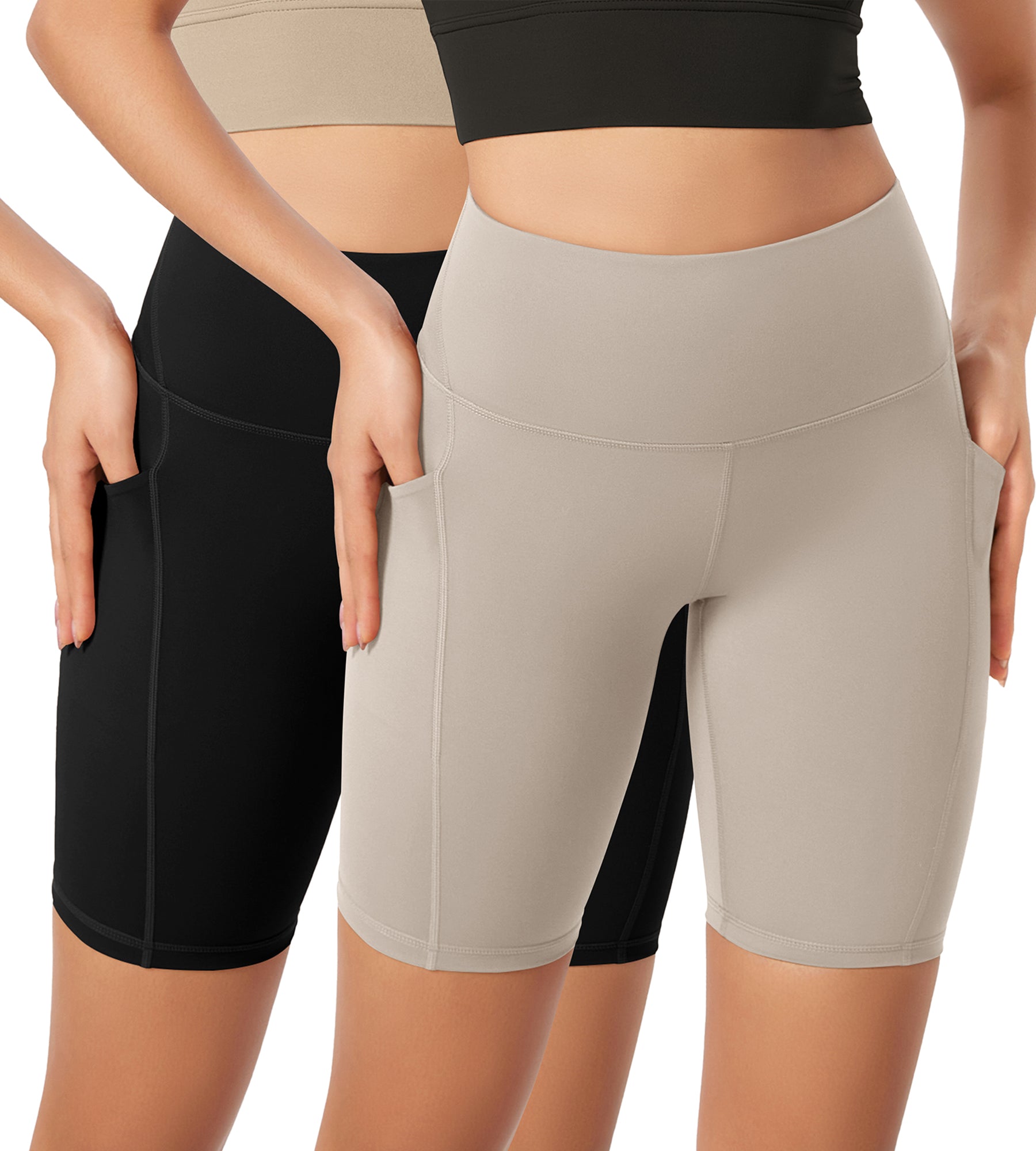 ODLEX 2-Pack 8" Inseam High Waist Workout Athletic Biker Shorts with Pockets Black+Taupe - ododos