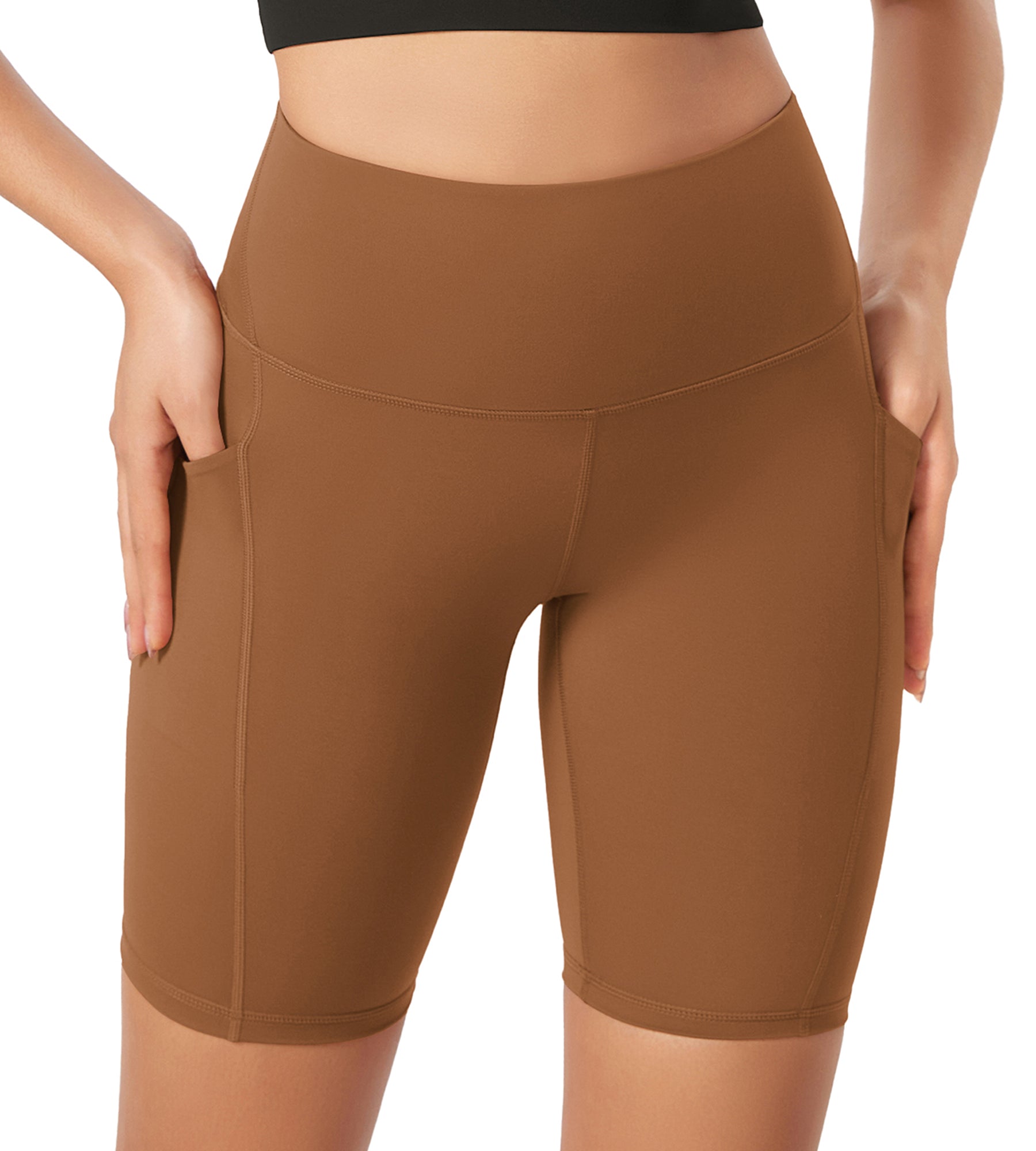 ODLEX 8" Inseam High Waist Workout Athletic Biker Shorts with Pockets Caramel - ododos