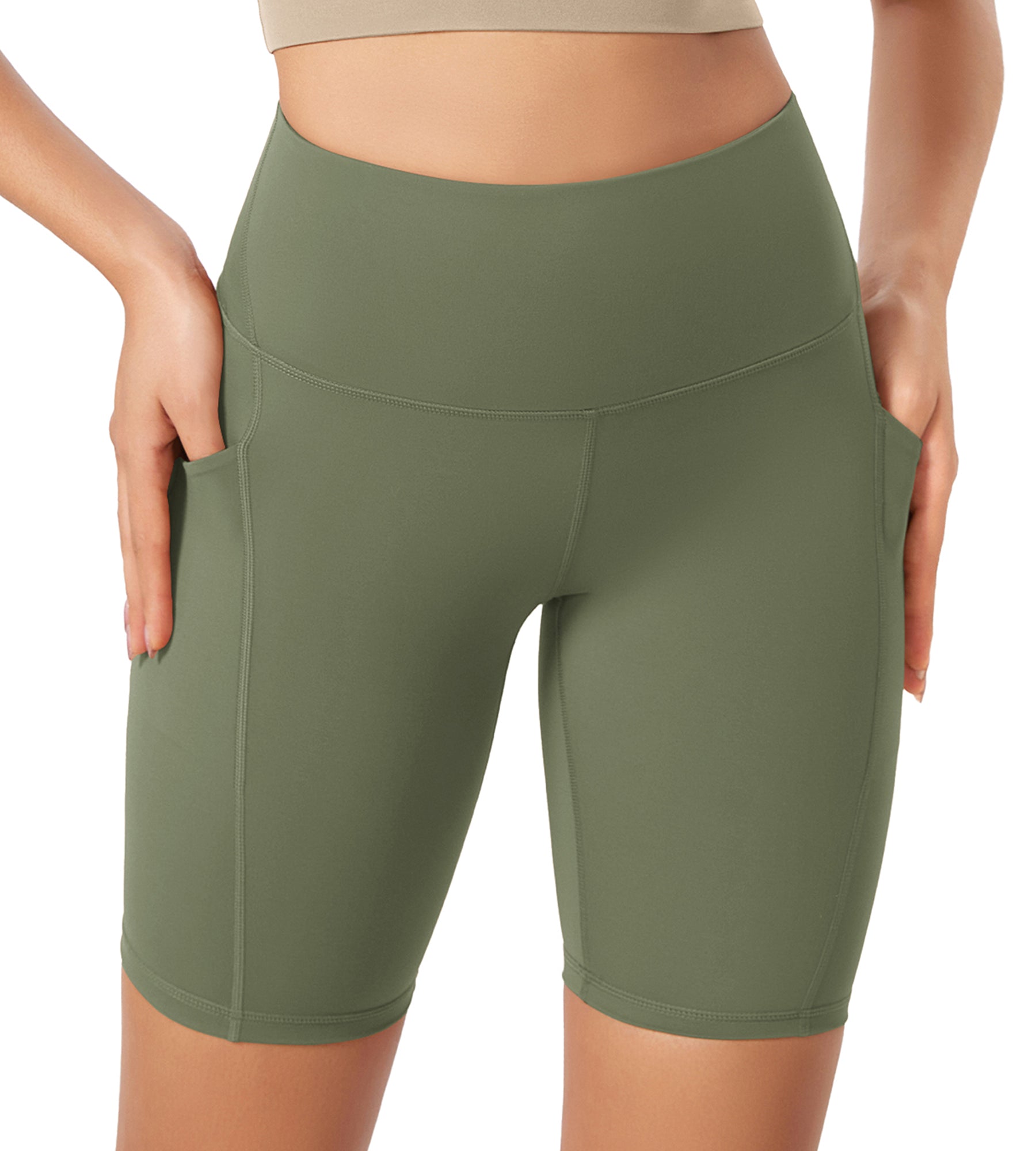 ODLEX 8 Inseam High Waist Workout Athletic Biker Shorts with Pockets Dark Olive - ododos