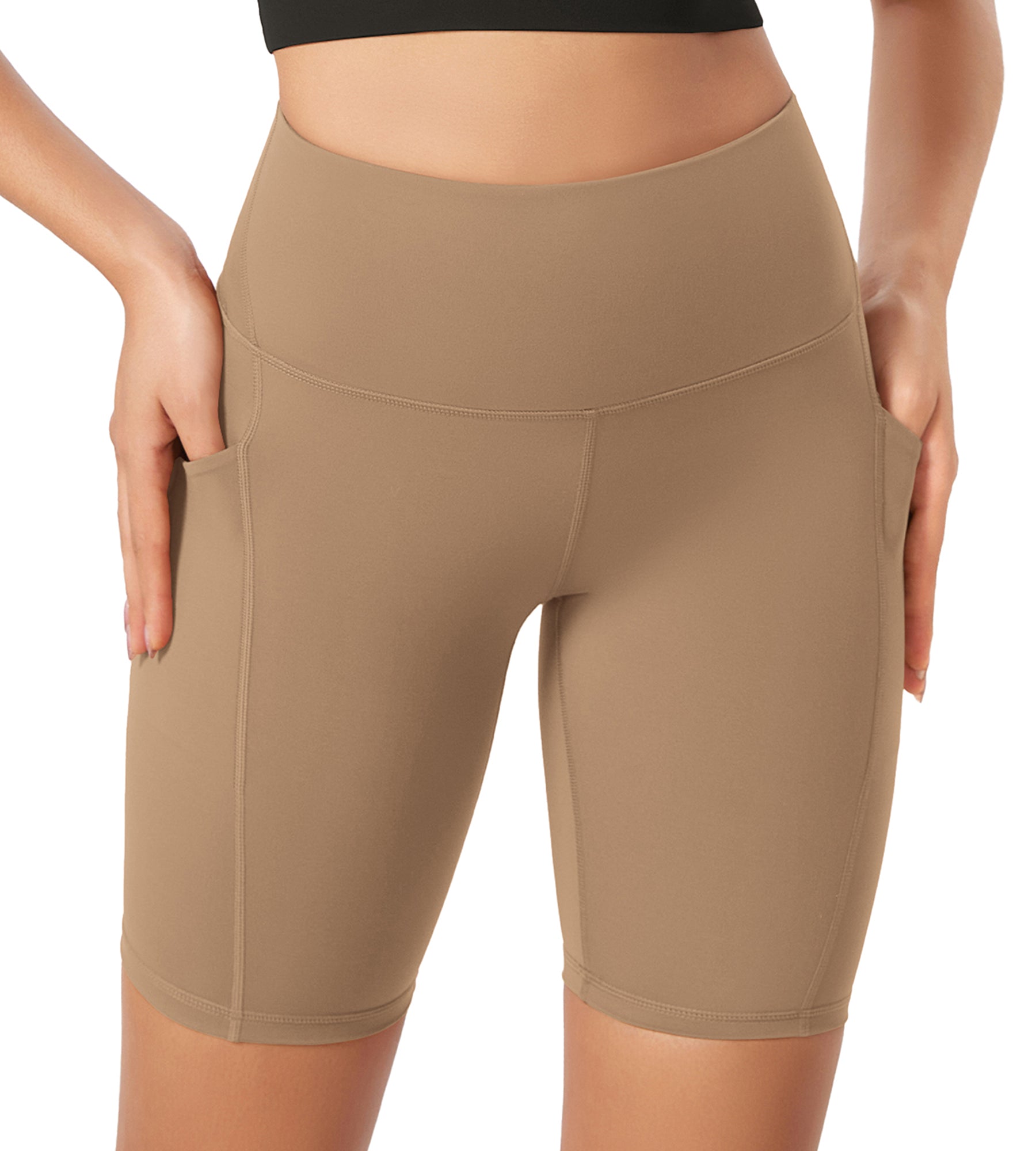 ODLEX 8" Inseam High Waist Workout Athletic Biker Shorts with Pockets Light Brown - ododos