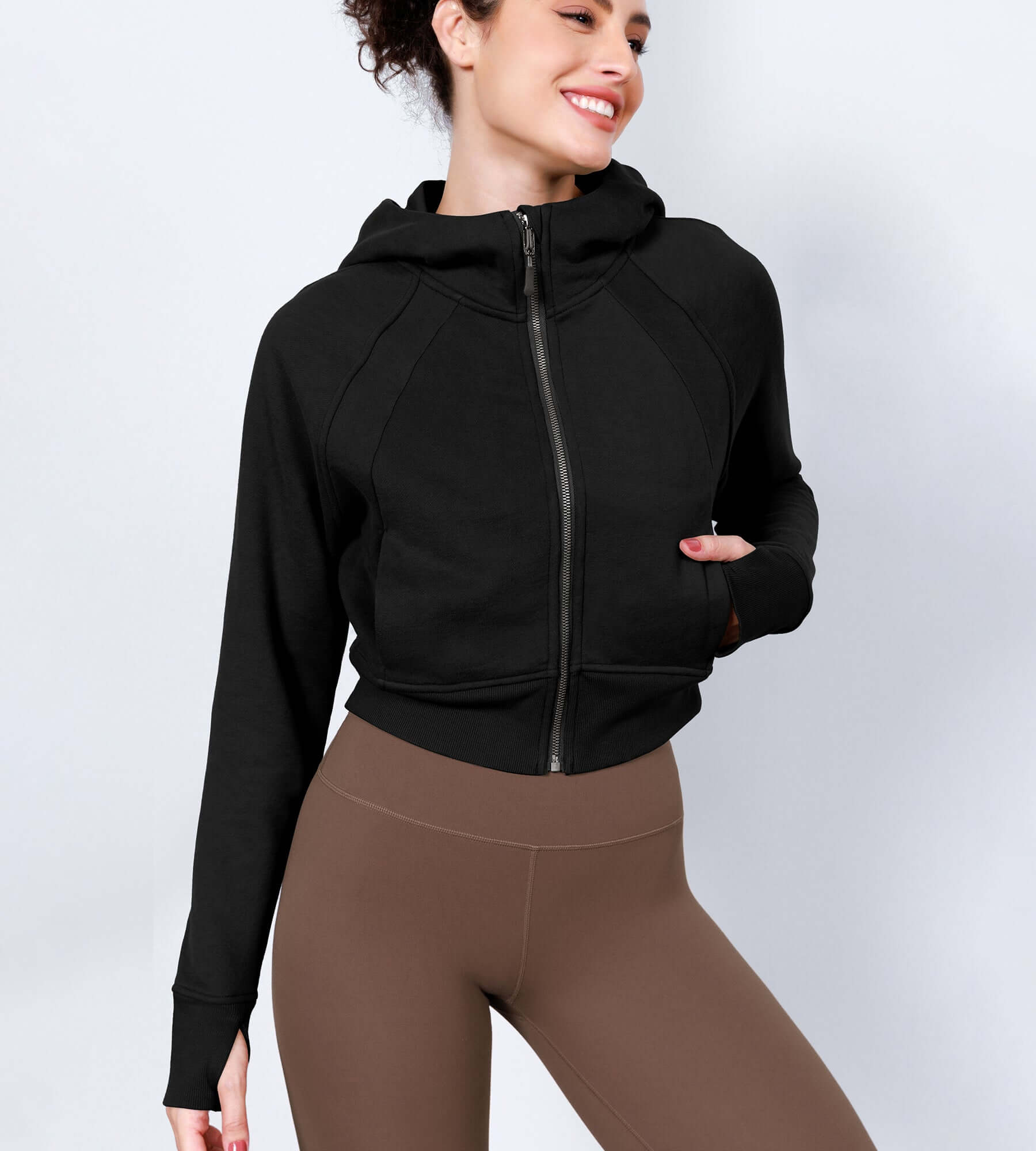 Women's Full Zipper Cropped Thumb Hole Hoodies - ododos