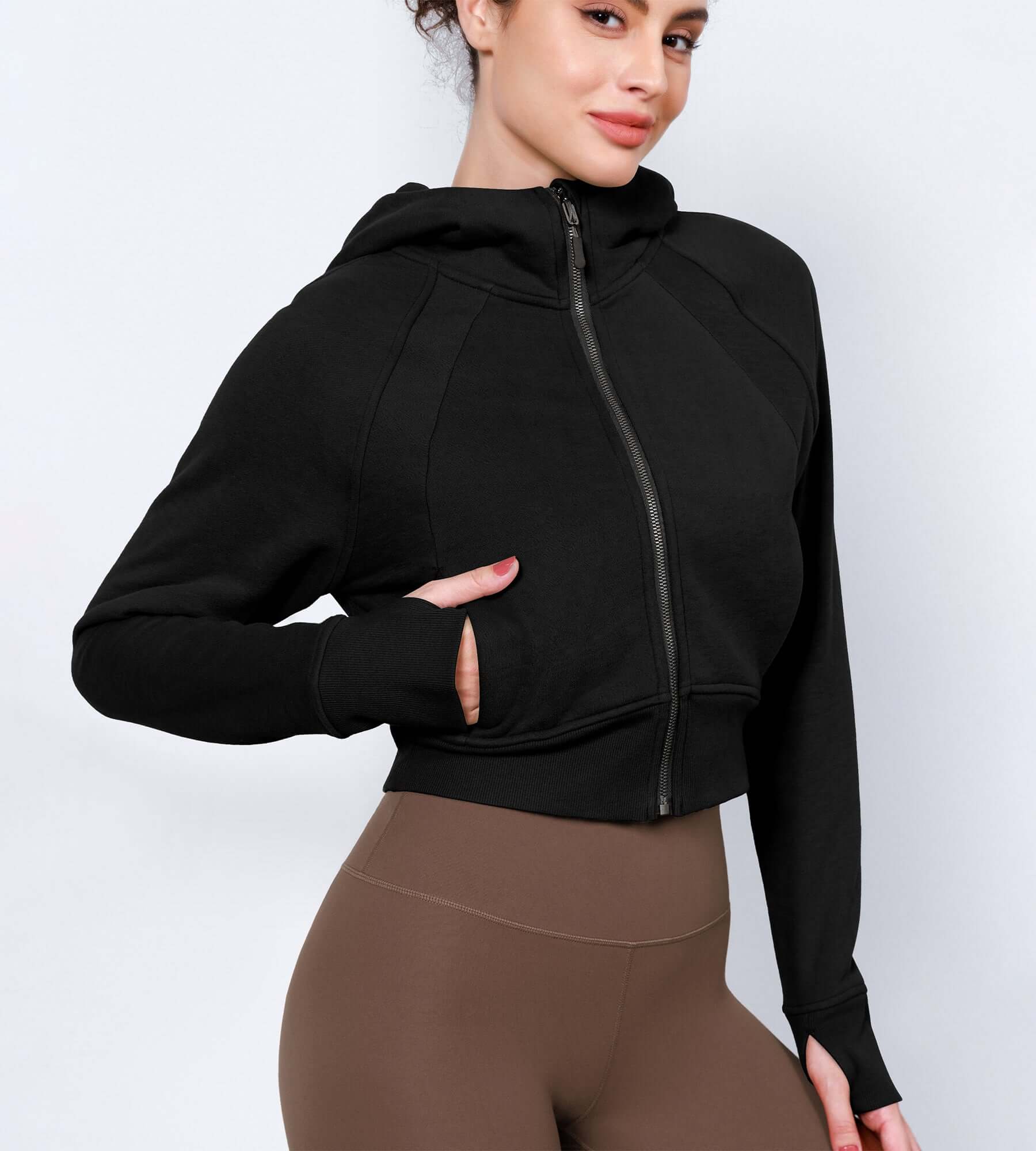 Women's Full Zipper Cropped Thumb Hole Hoodies - ododos