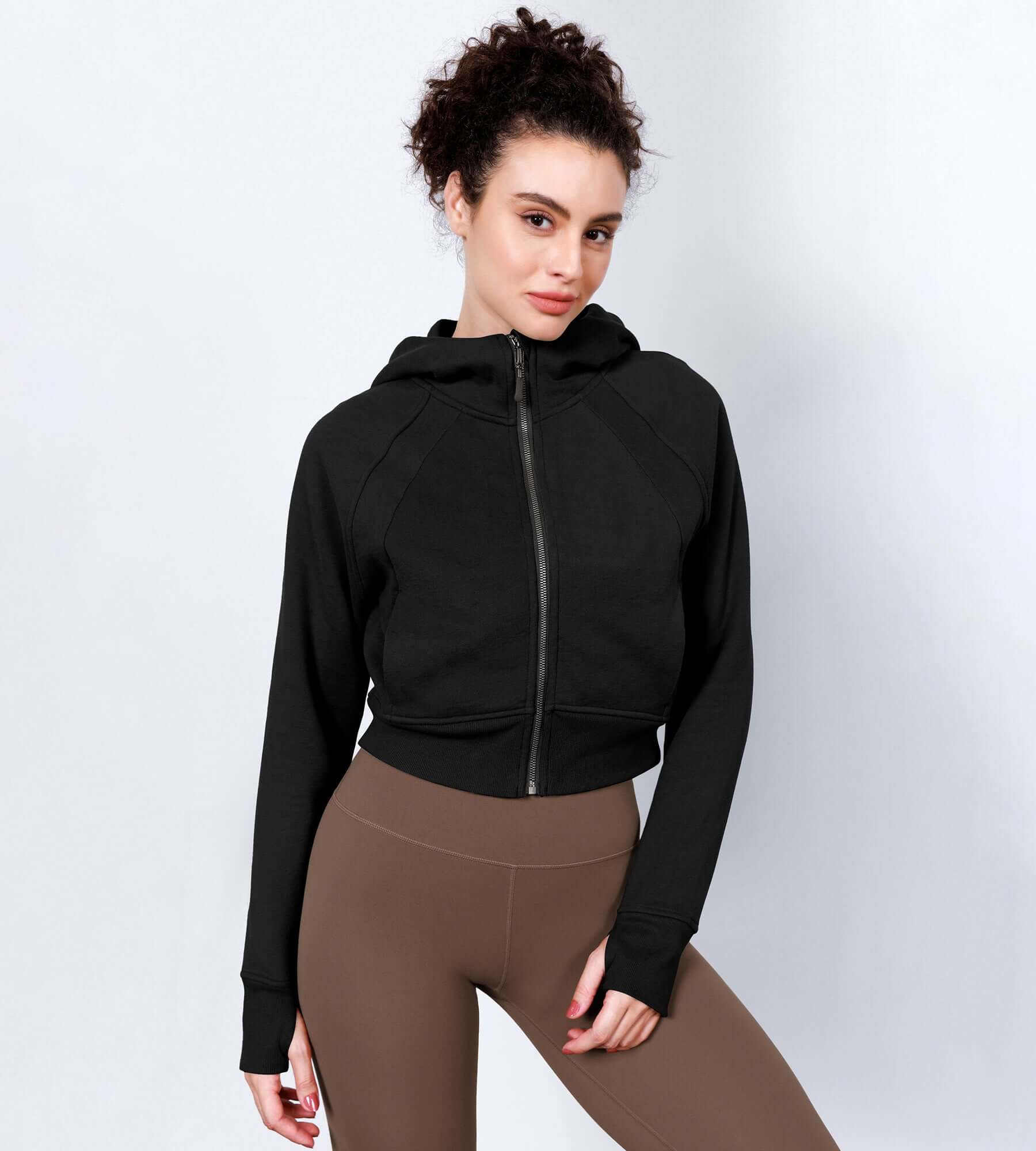 Women's Full Zipper Cropped Thumb Hole Hoodies - ododos