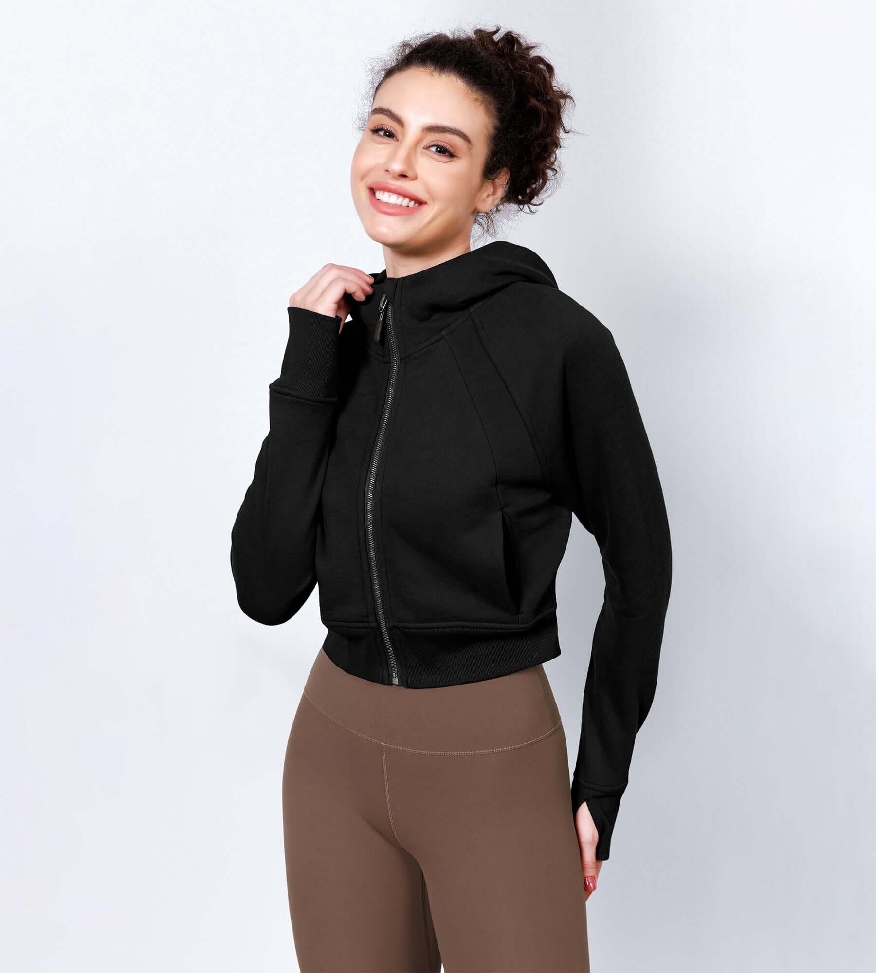 Women's Full Zipper Cropped Thumb Hole Hoodies - ododos