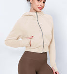 Women's Full Zipper Cropped Thumb Hole Hoodies Cream - ododos