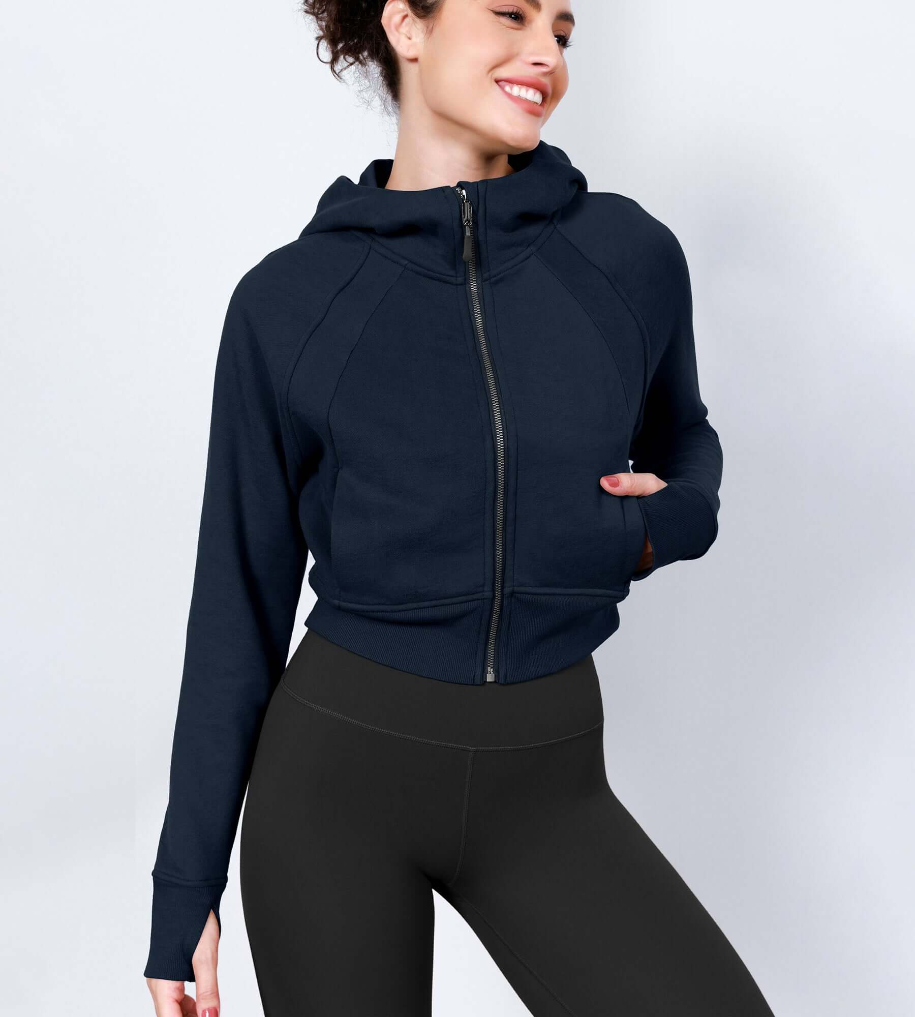 Women's Full Zipper Cropped Thumb Hole Hoodies - ododos