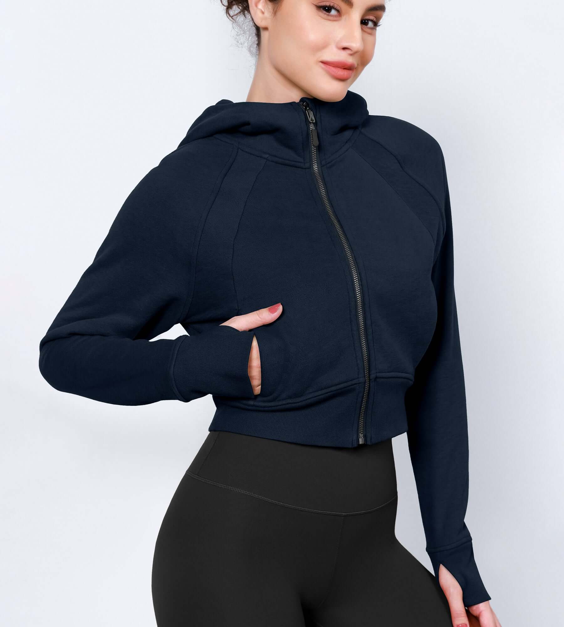 Women's Full Zipper Cropped Thumb Hole Hoodies Deep Navy - ododos