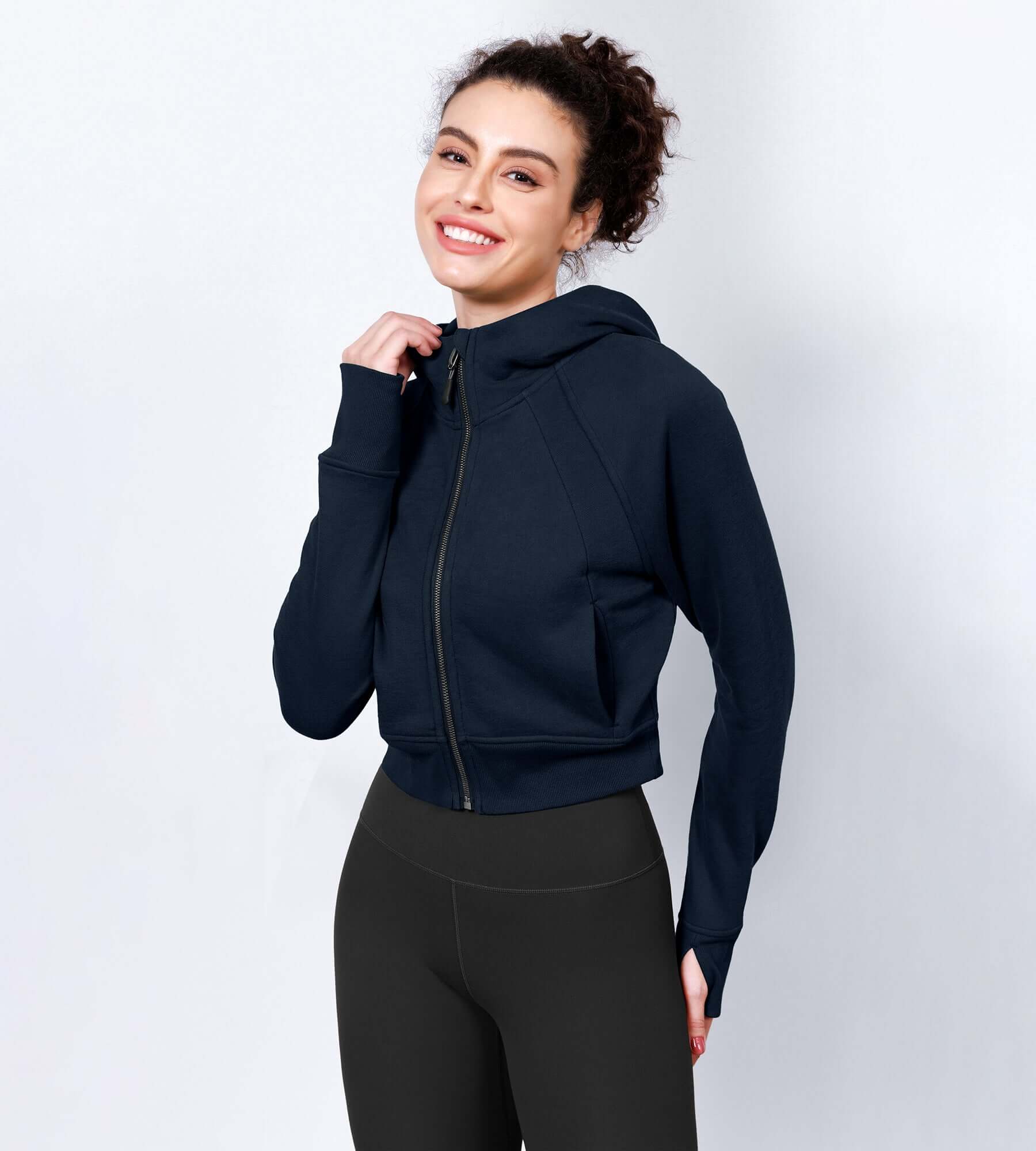 Women's Full Zipper Cropped Thumb Hole Hoodies - ododos