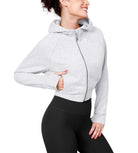 Women's Full Zipper Cropped Thumb Hole Hoodies White Heather - ododos