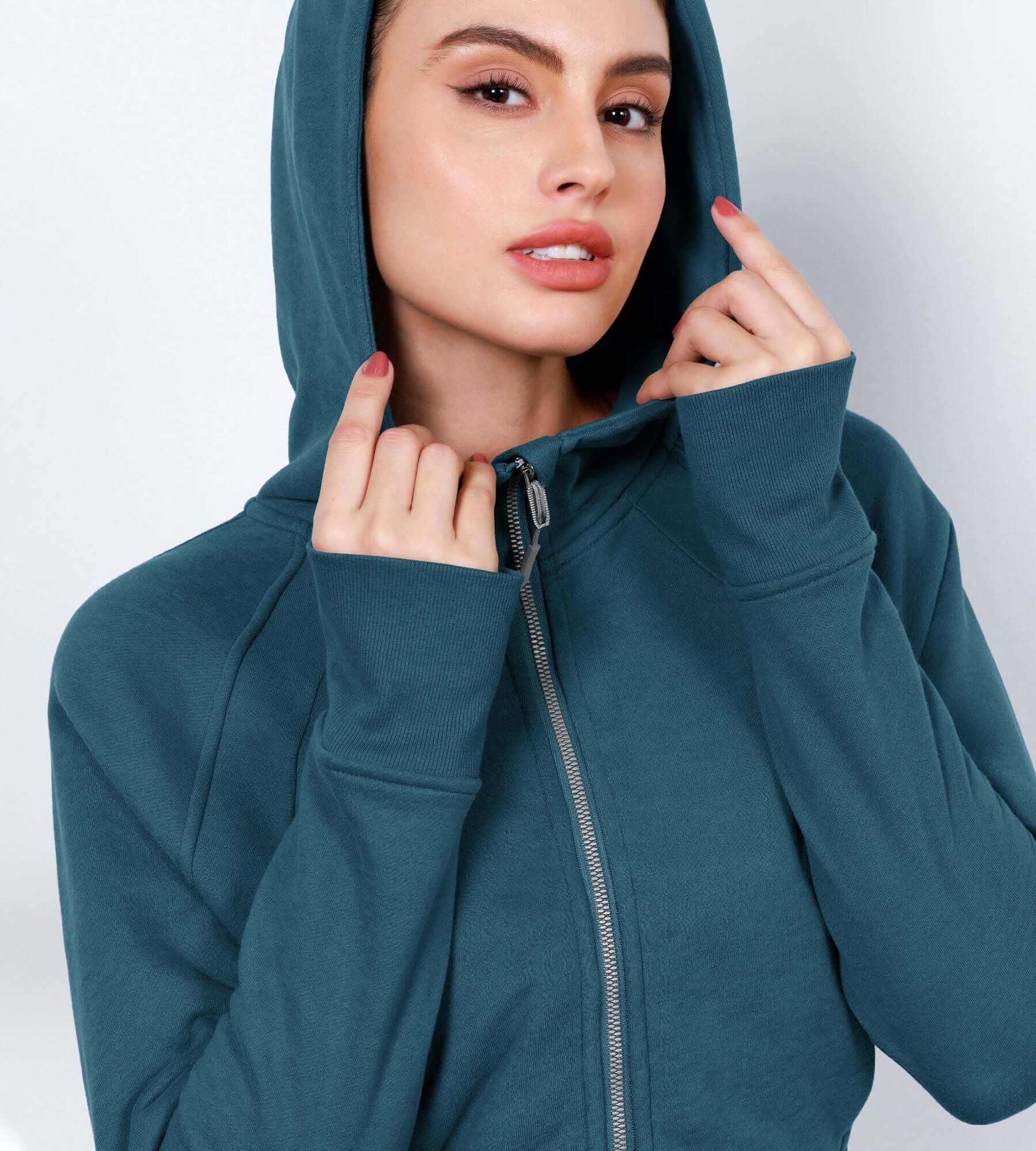 Women's Full Zipper Cropped Thumb Hole Hoodies - ododos