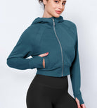 Women's Full Zipper Cropped Thumb Hole Hoodies Ink Blue - ododos