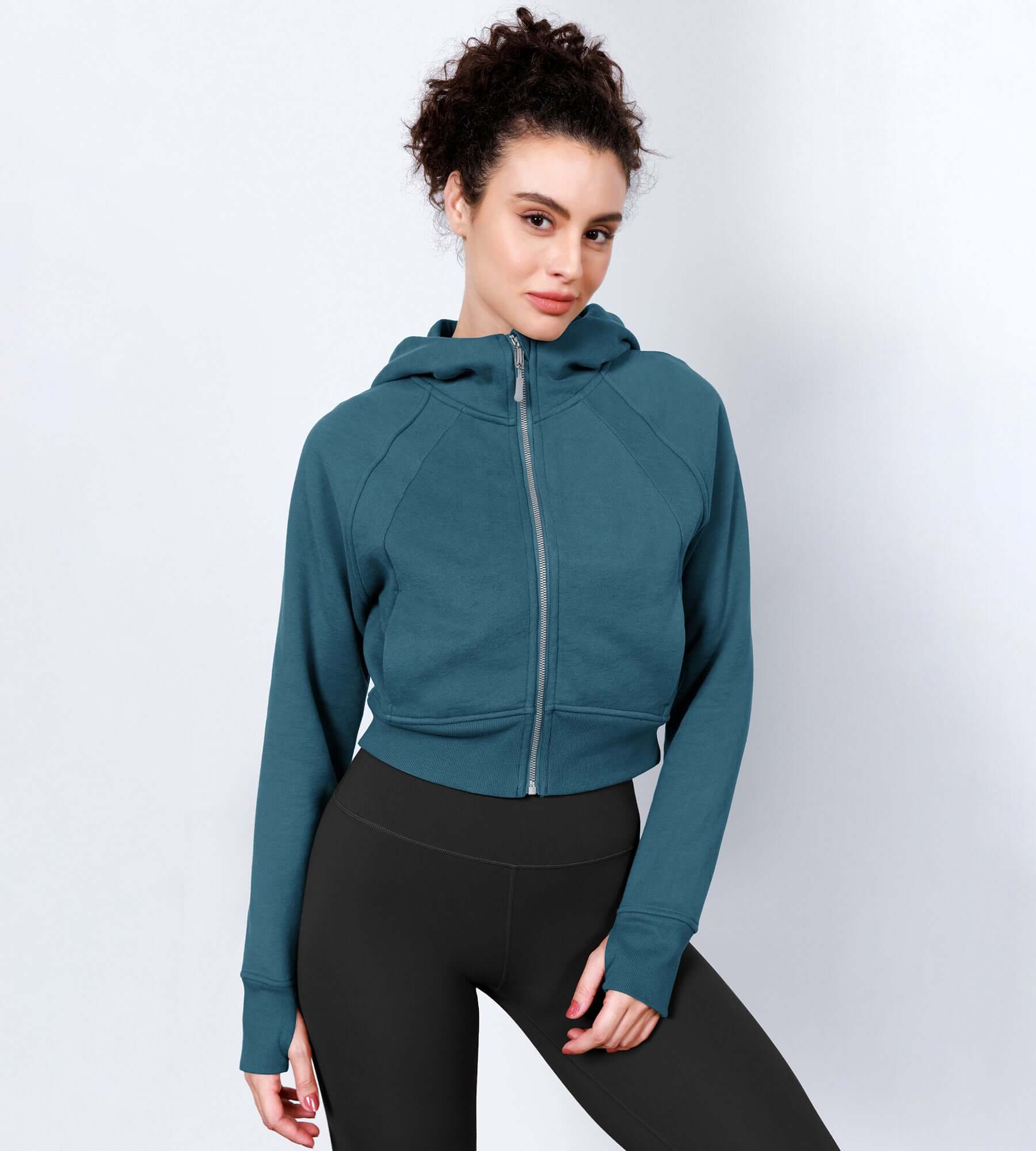 Women's Full Zipper Cropped Thumb Hole Hoodies - ododos