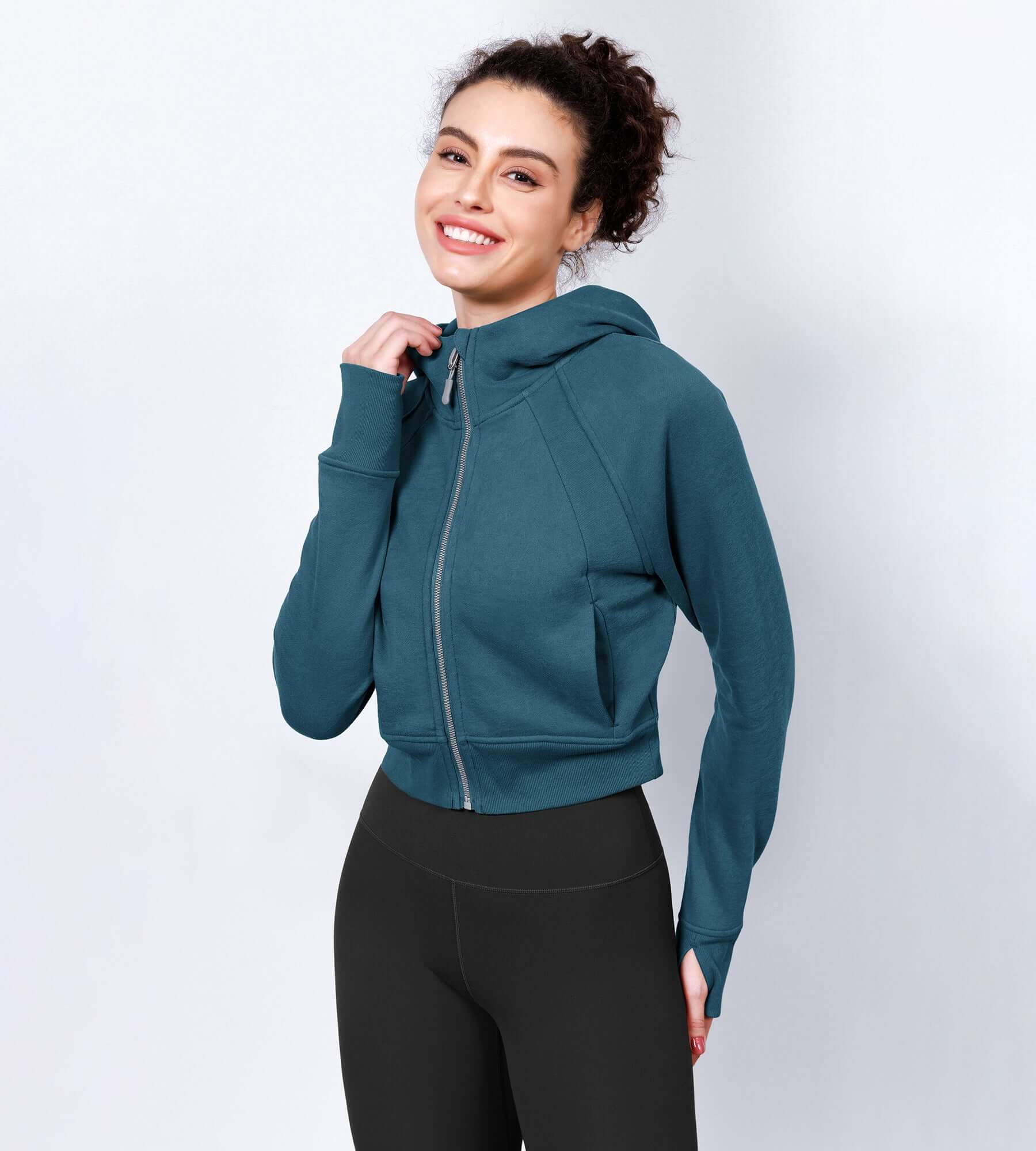 Women's Full Zipper Cropped Thumb Hole Hoodies - ododos